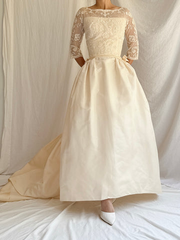 1950s Silk Taffeta Duchesse Lace Dress - XXS/00