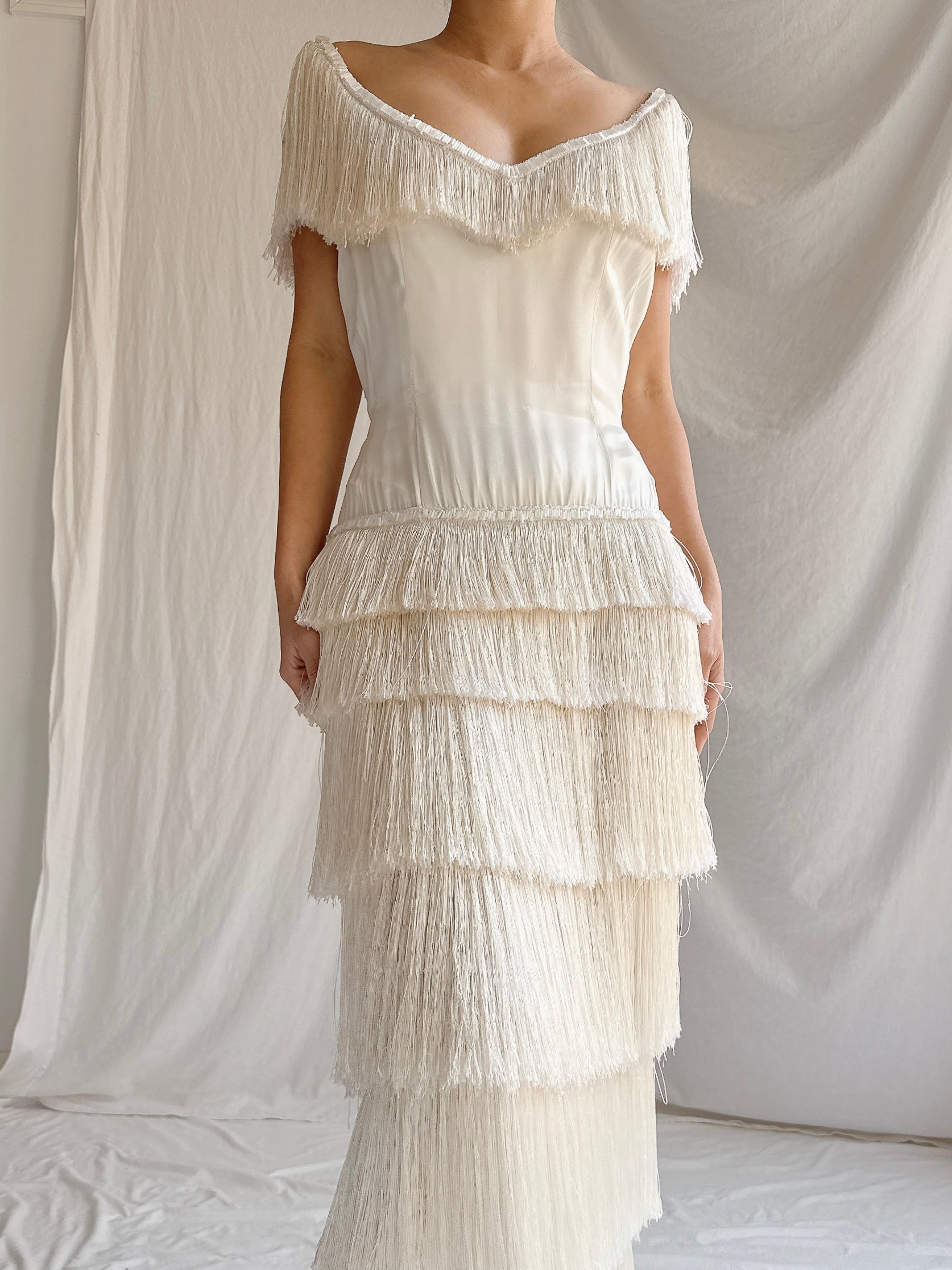 1960s Satin Silk Fringe Gown - S