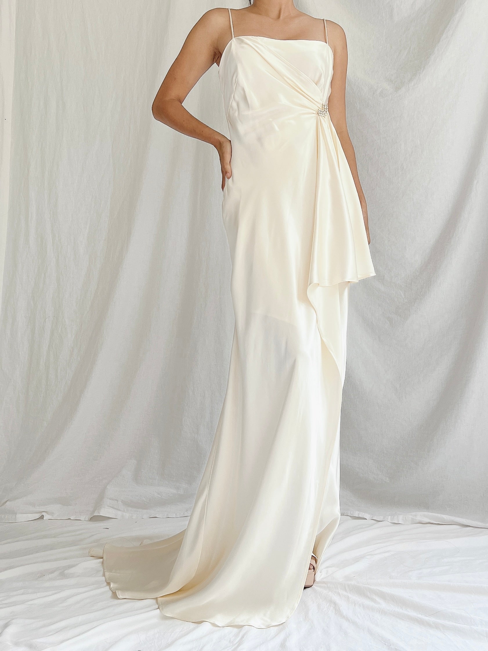 1990s Ivory Satin Draped Gown - XS