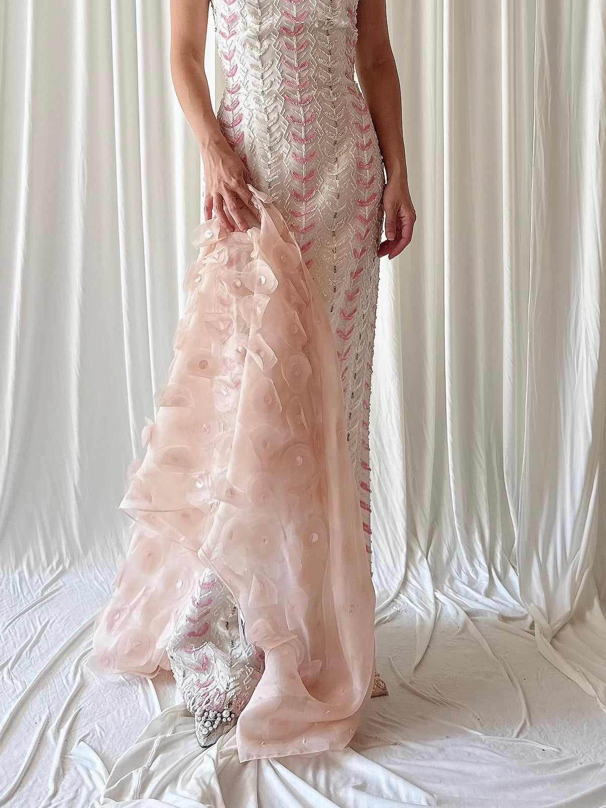 1960s Cheongsam Silk Organza Beaded Gown - M