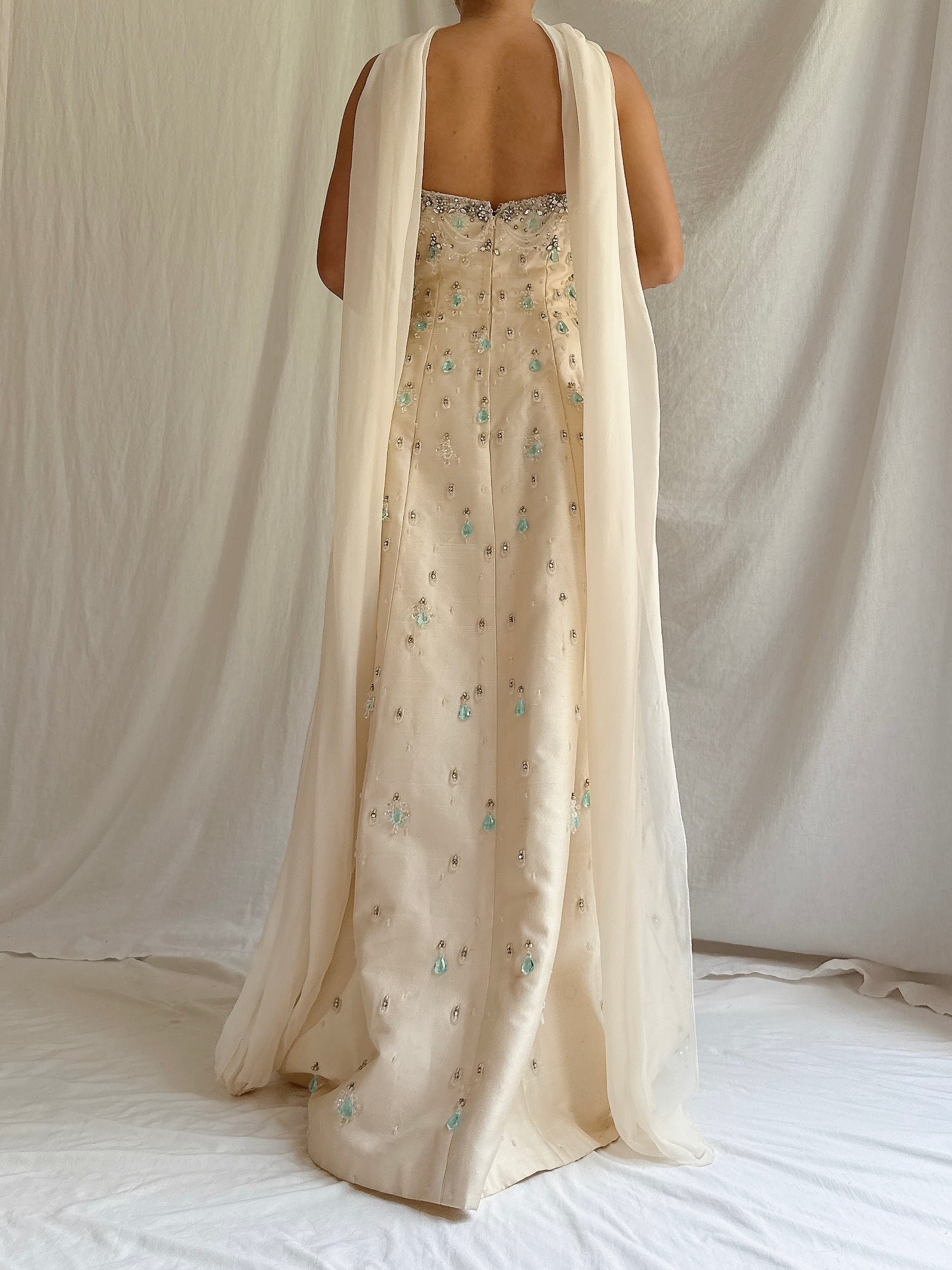 1960s Raw Silk Crystal Gown with Silk Shawl- S/4