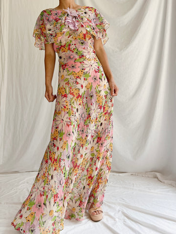 1930s Silk Floral Gown - XS/S