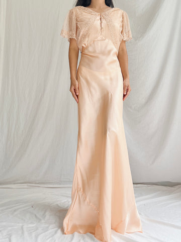 1930s Peach Silk Slip Dress - S