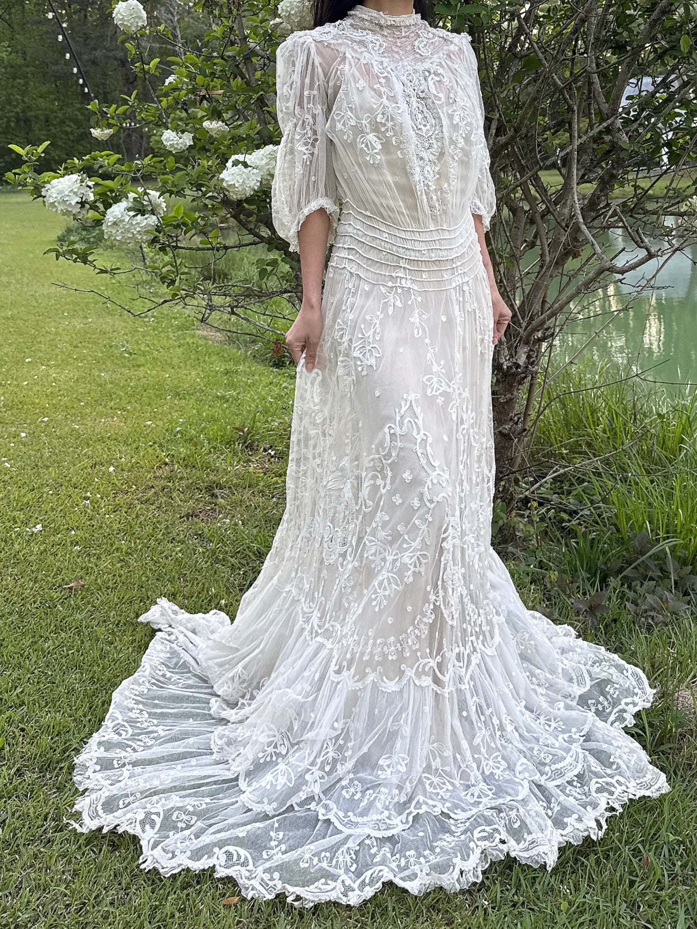 Rare Antique Tambour Lace Gown - S