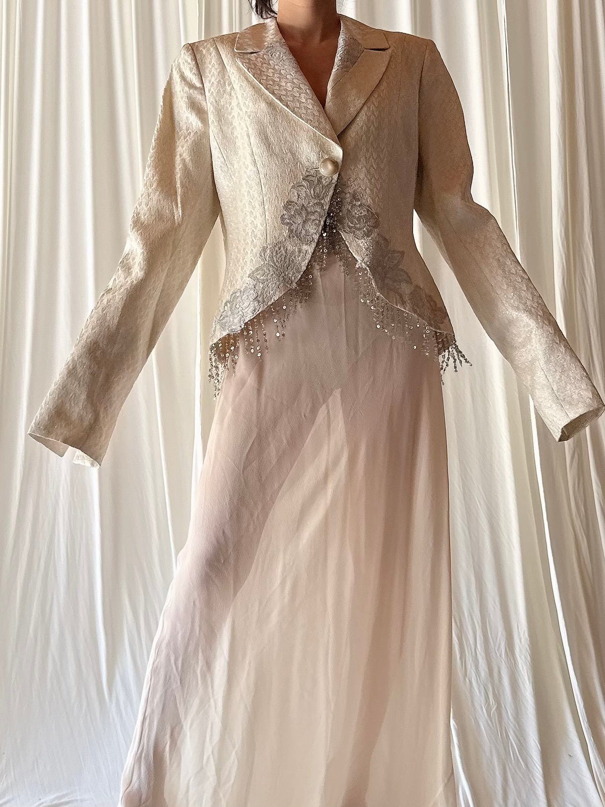 Vintage Terry Paris Beige Sequin Tassel Jacket - L