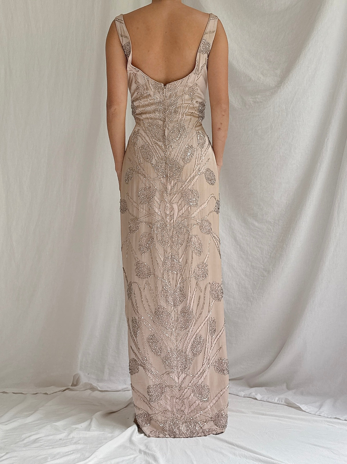 1960s Dusty Pink Silk Beaded Gown - M