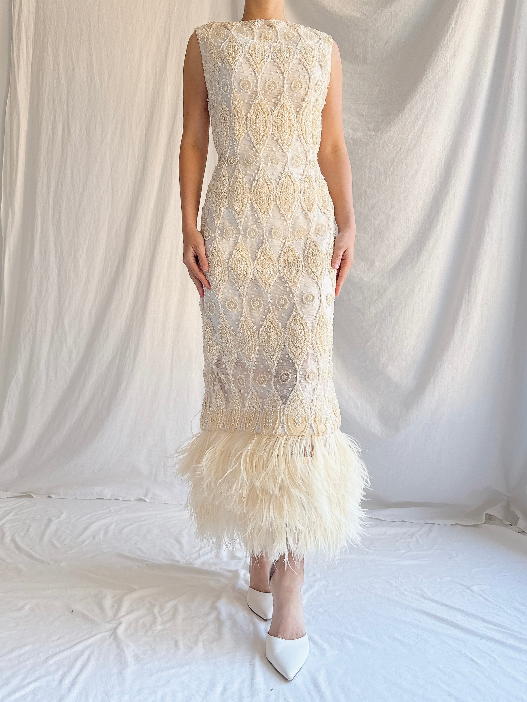 1960s Tulle Beaded Gown with Feather Embellishment - S 4-6