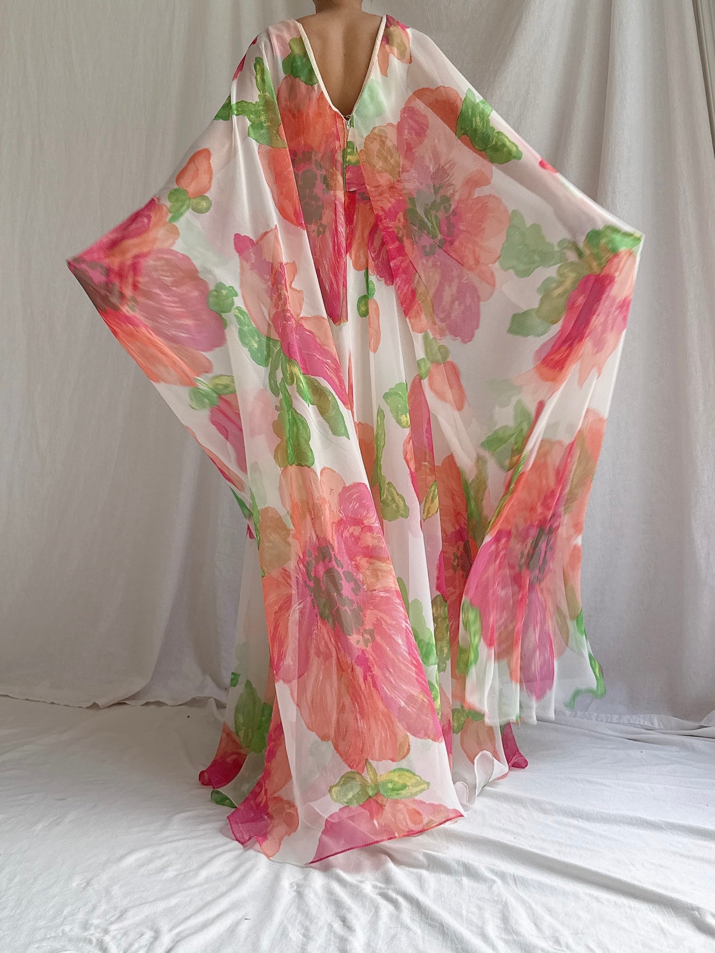 Vintage Chiffon Floral Caftan Dress - M
