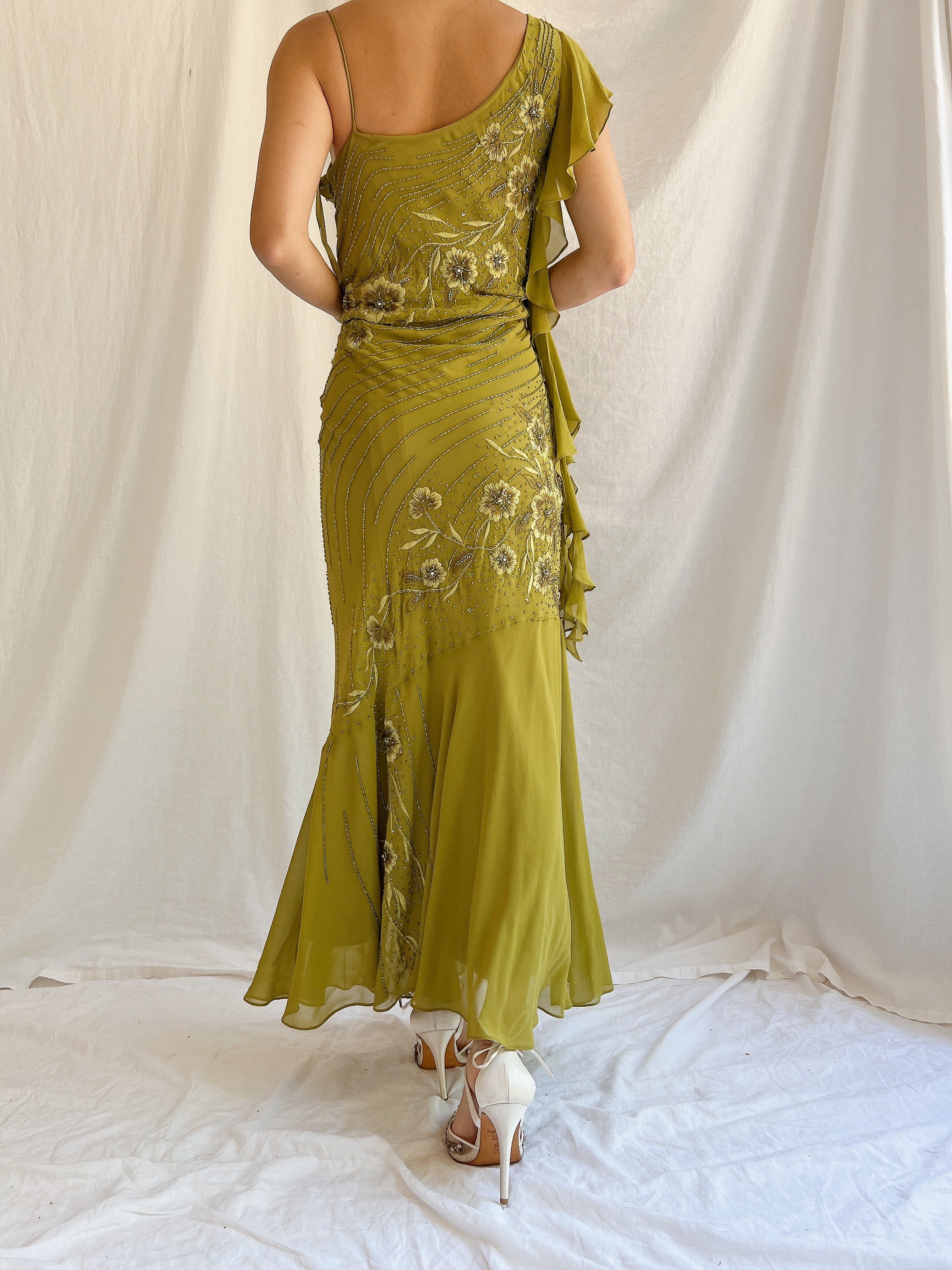 Vintage Bias Cut Moss Green Silk One Shoulder Dress - M