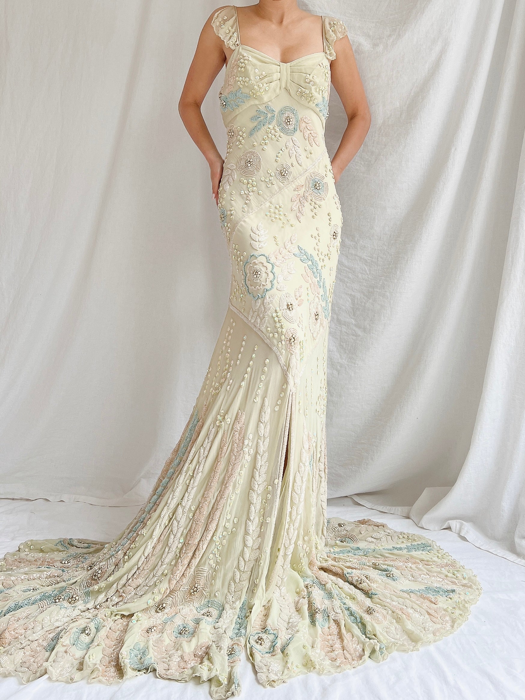 Vintage Couture Eavis and Brown Silk Handbeaded Gown