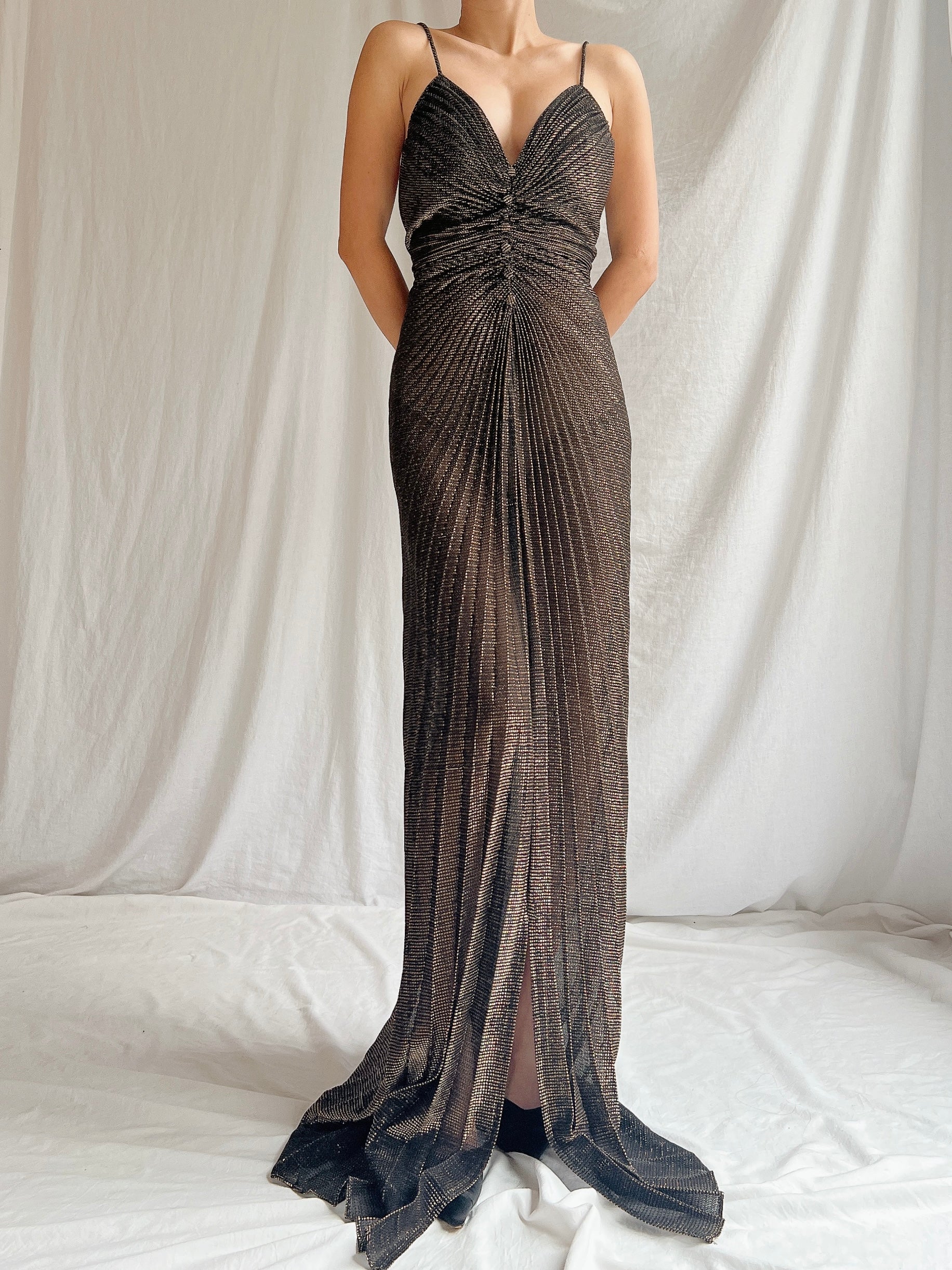 Vintage Bronze/Black Pleated Lurex Gown - S/M