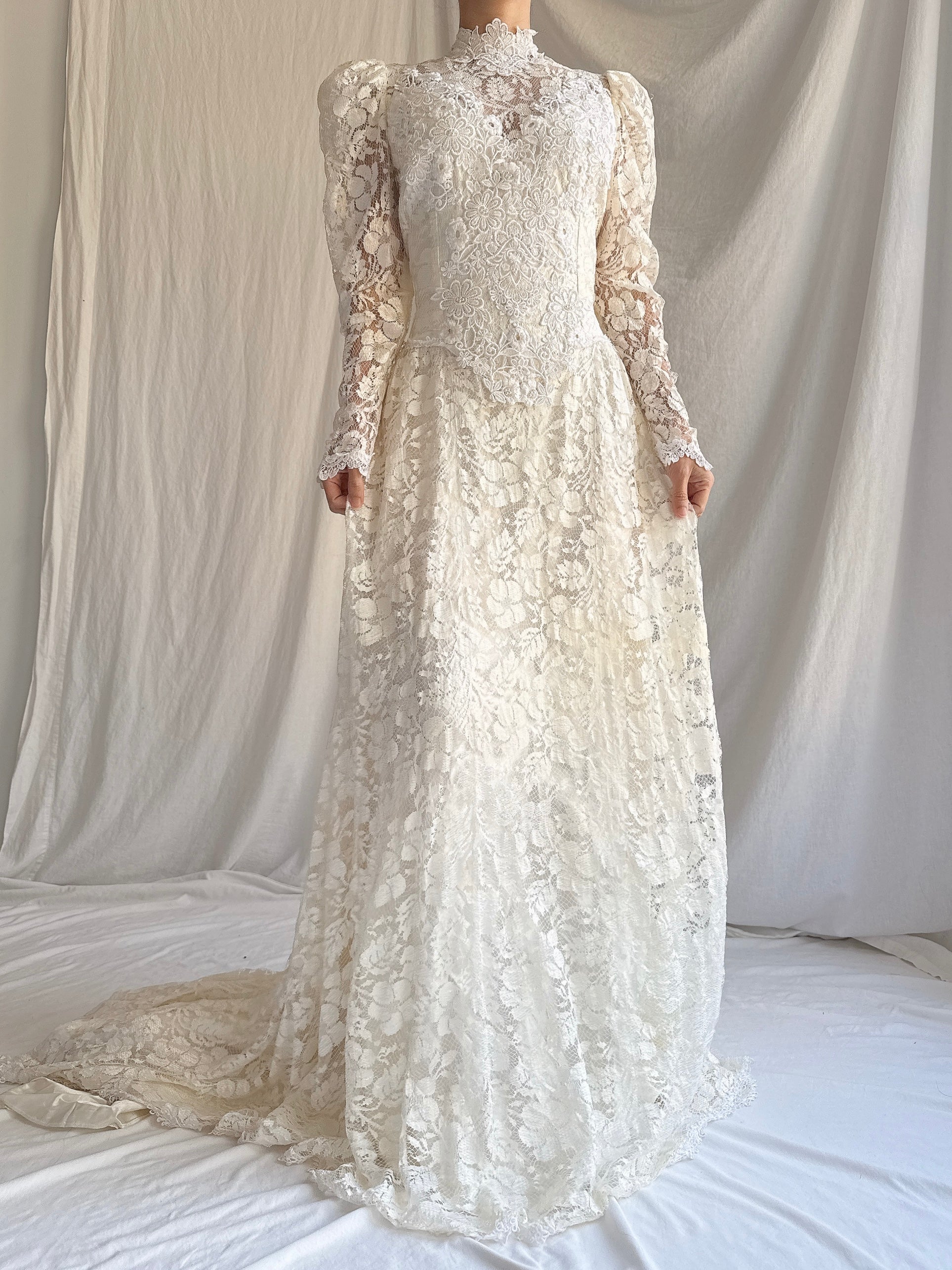 Vintage Lace High Neck Gown - S/M