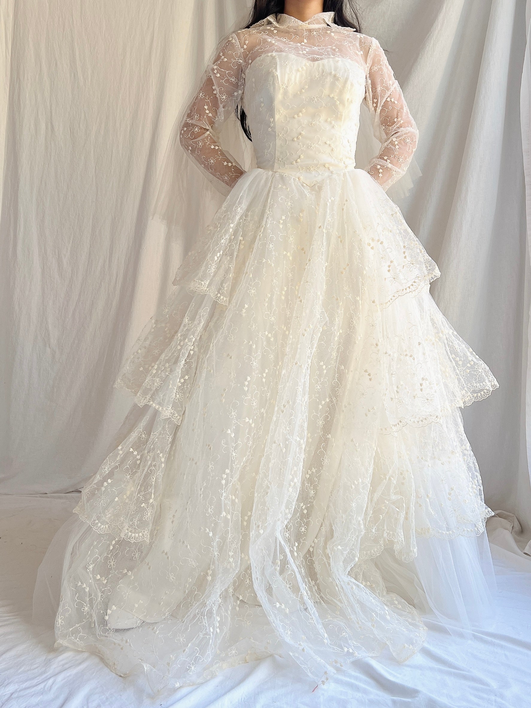 1950s Embroidered Tiered Tulle Gown - XS/S