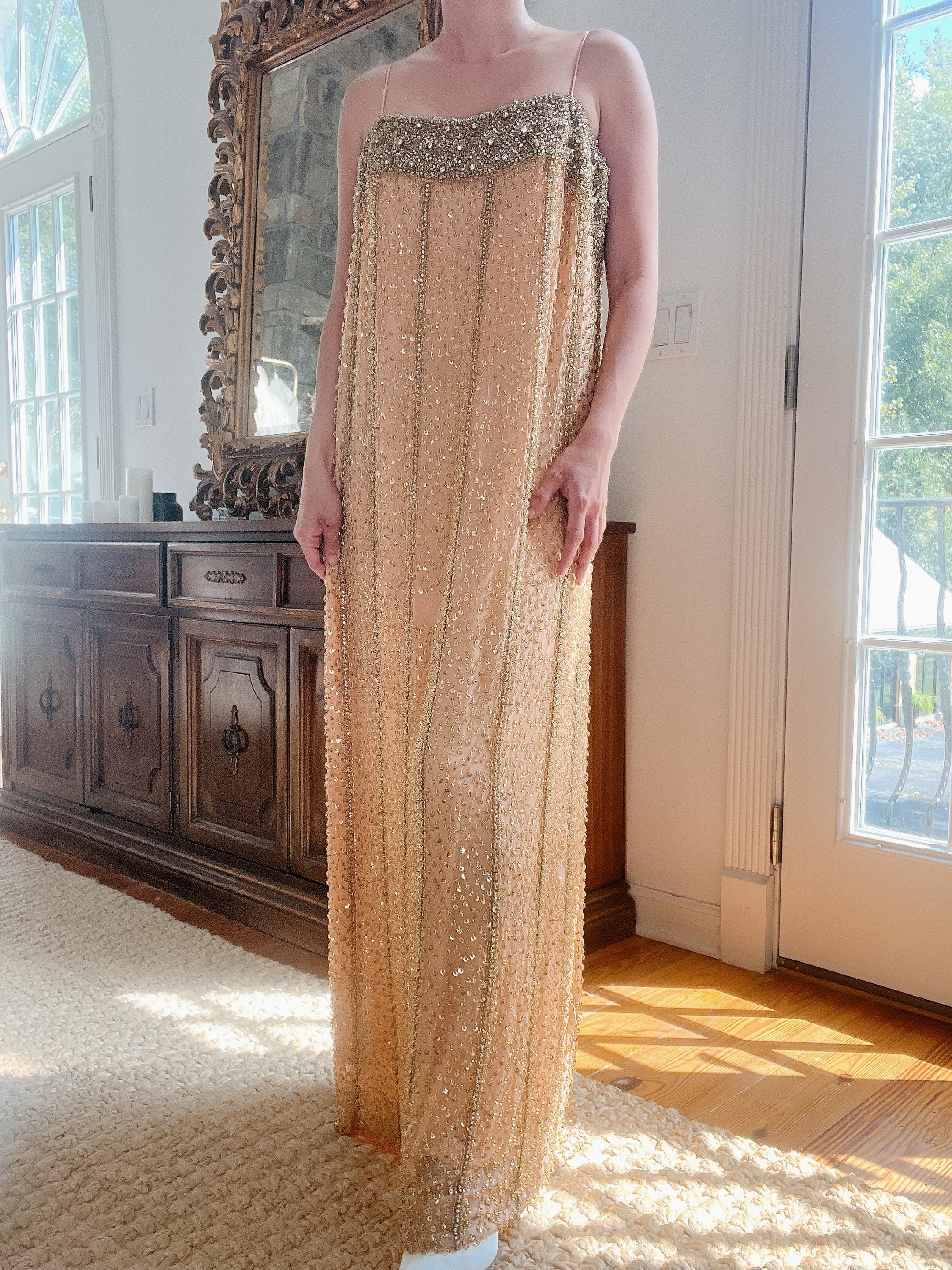 1960s Peach Beaded Gown & Cape - M/L