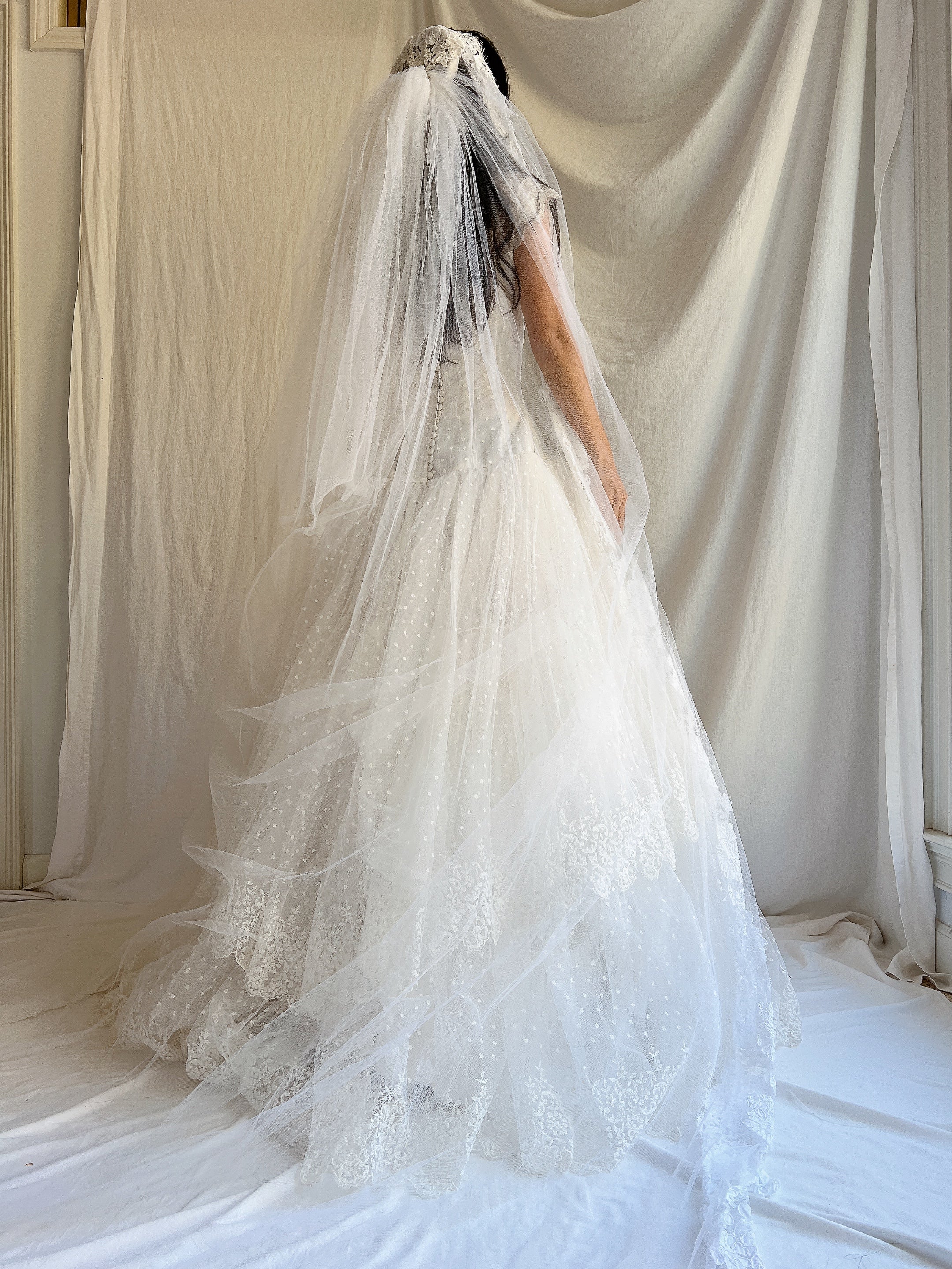 1950s Cathedral Alencon Double Tulle Veil