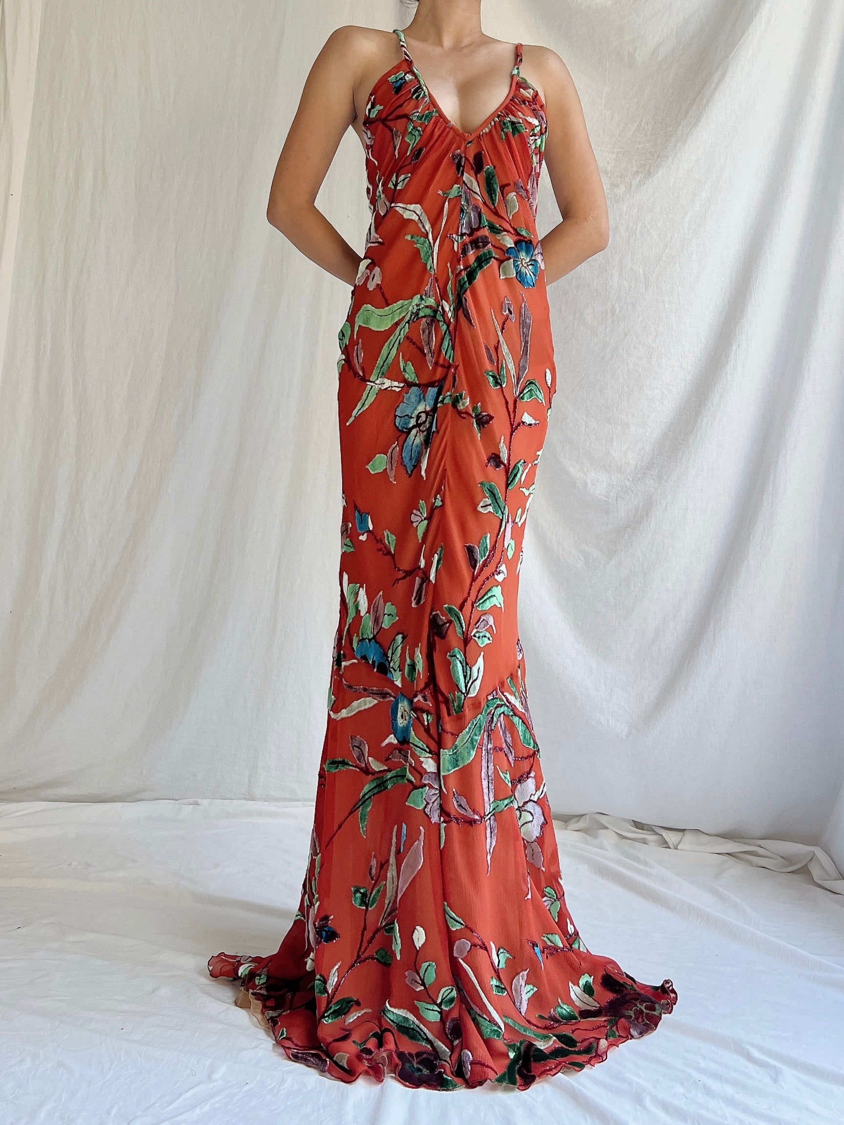 Vintage Silk Halter Velvet Devore Gown - M/L