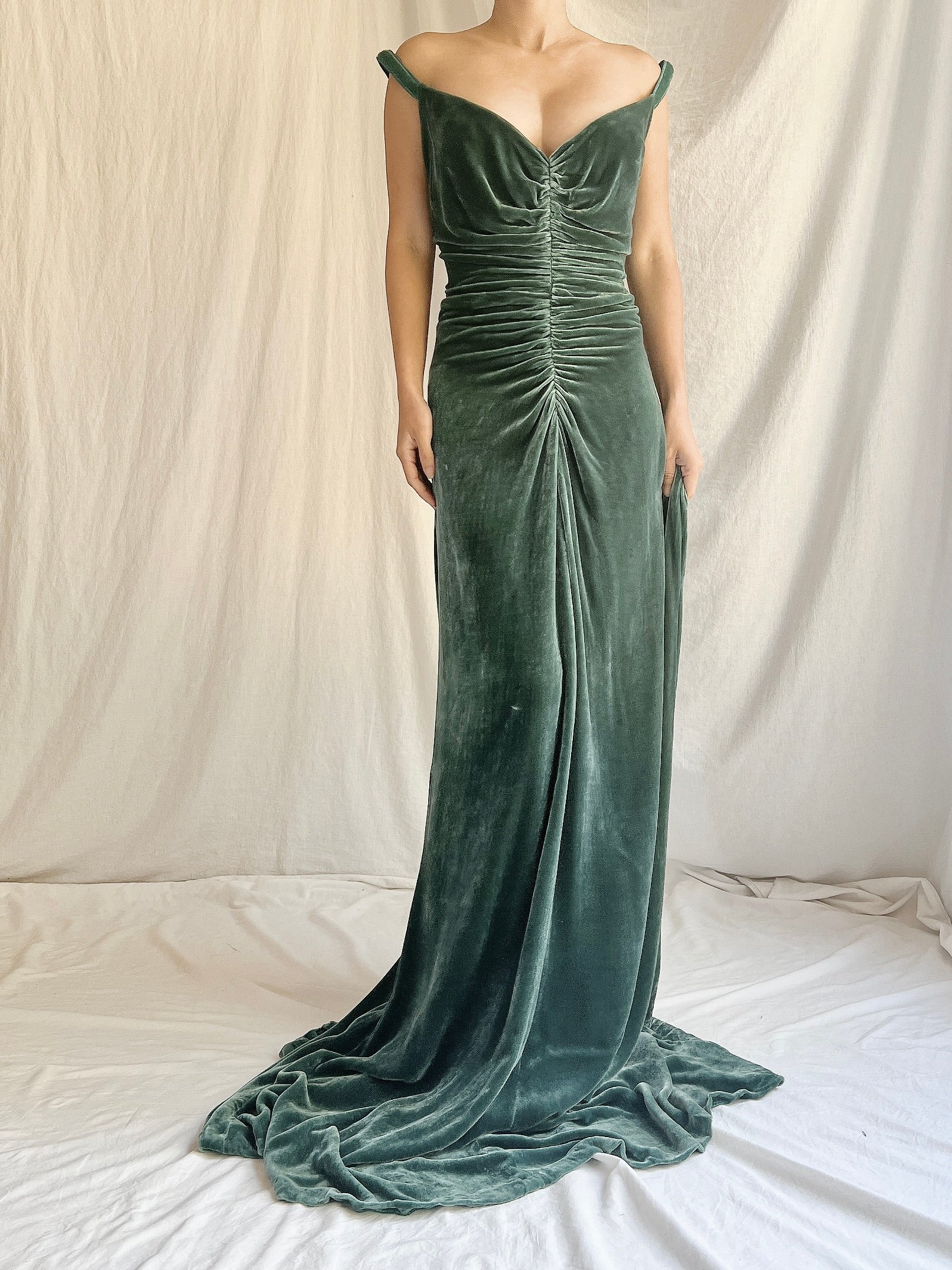 Vintage Moss Green Bellville Sassoon Silk Velvet Gown - L