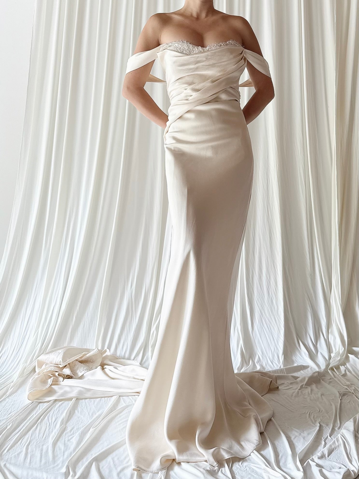 Vintage Silk Draped Bias Cut Gown with Detachable Train - M