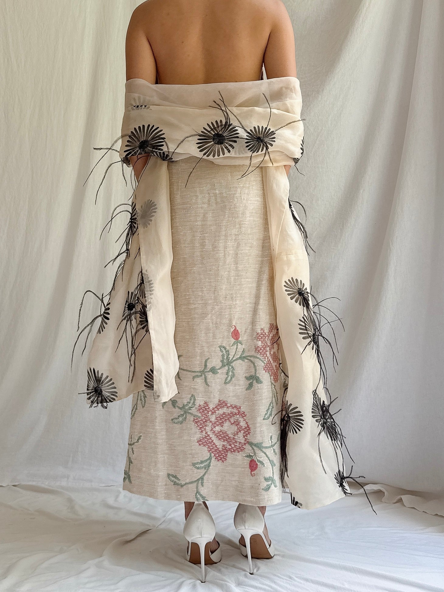 Vintage Silk Organza Feather Shawl - OSFM
