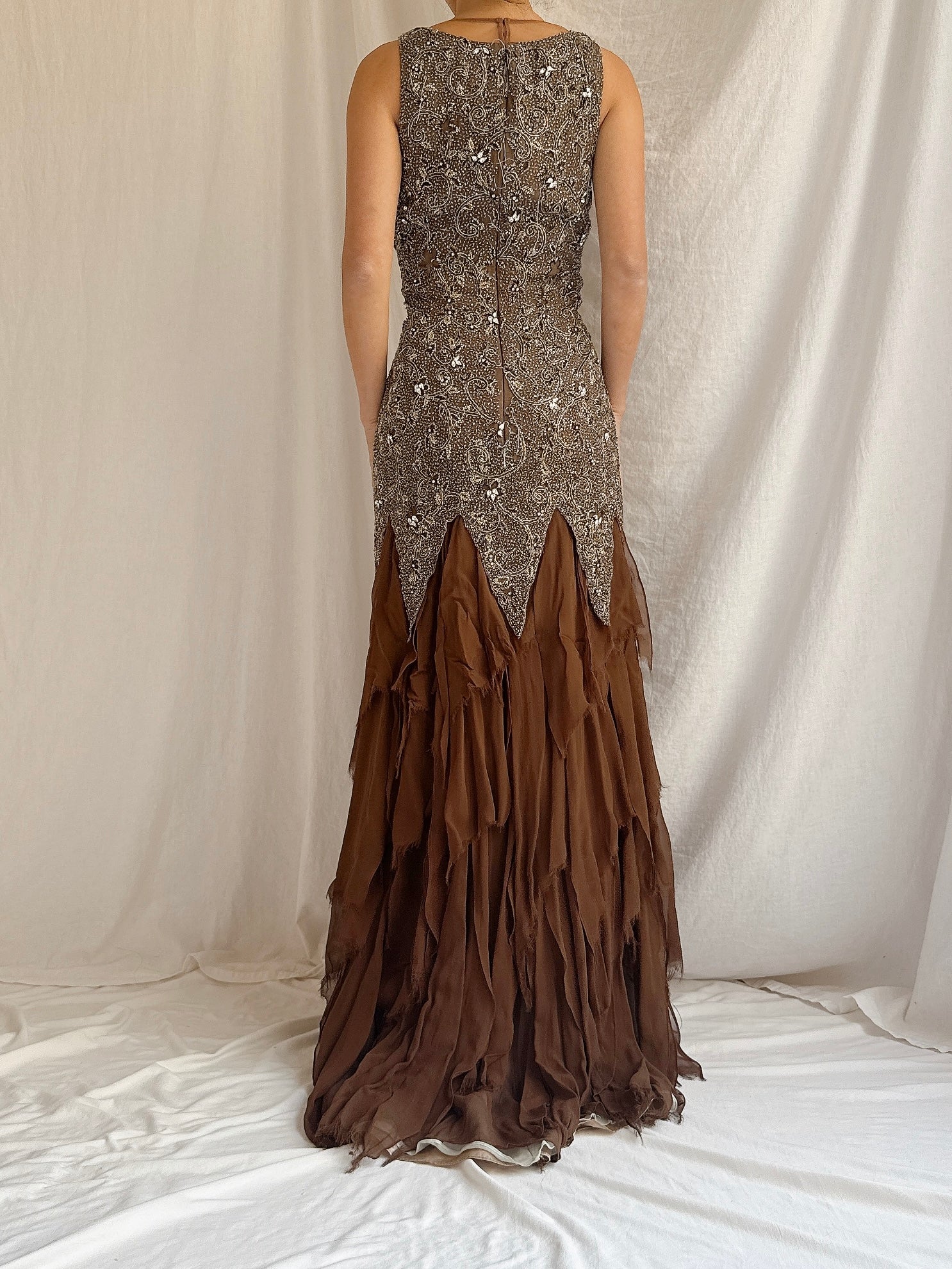 Vintage Stephen Yearrick Silk Raw Hem Beaded Gown - M/6