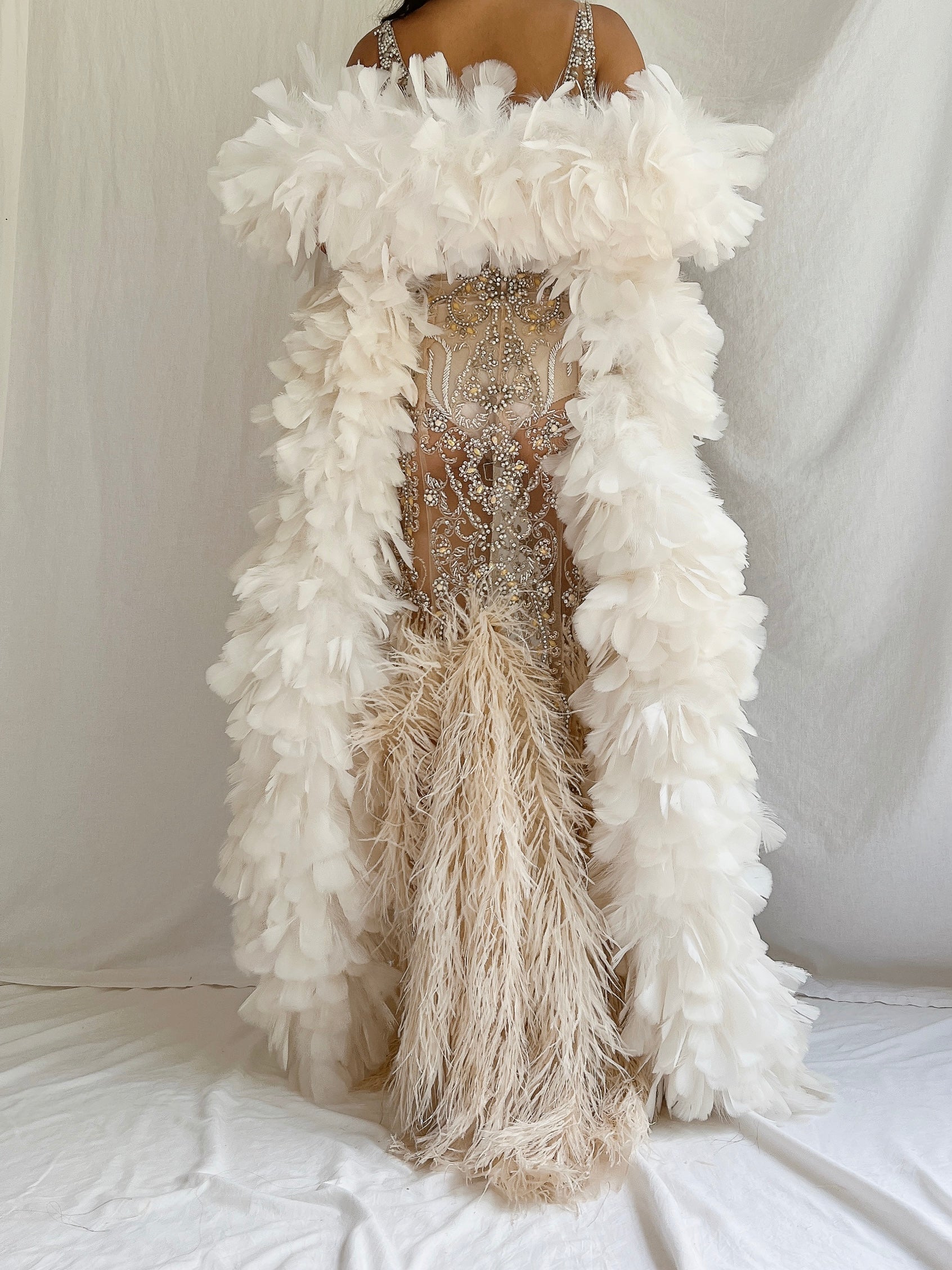 Y2K Nude Sheer Ostrich Feather Dress - S