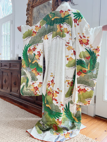 Vintage Green and Ivory Silk Kimono - OSFA