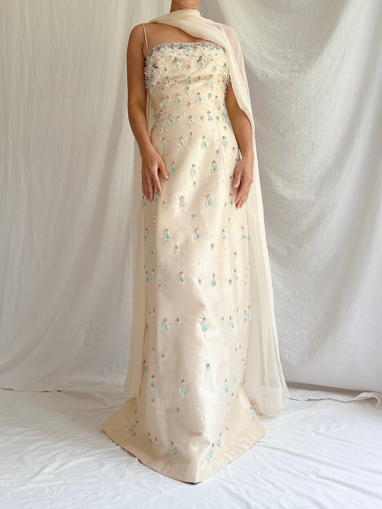 1960s Raw Silk Crystal Gown with Silk Shawl- S/4