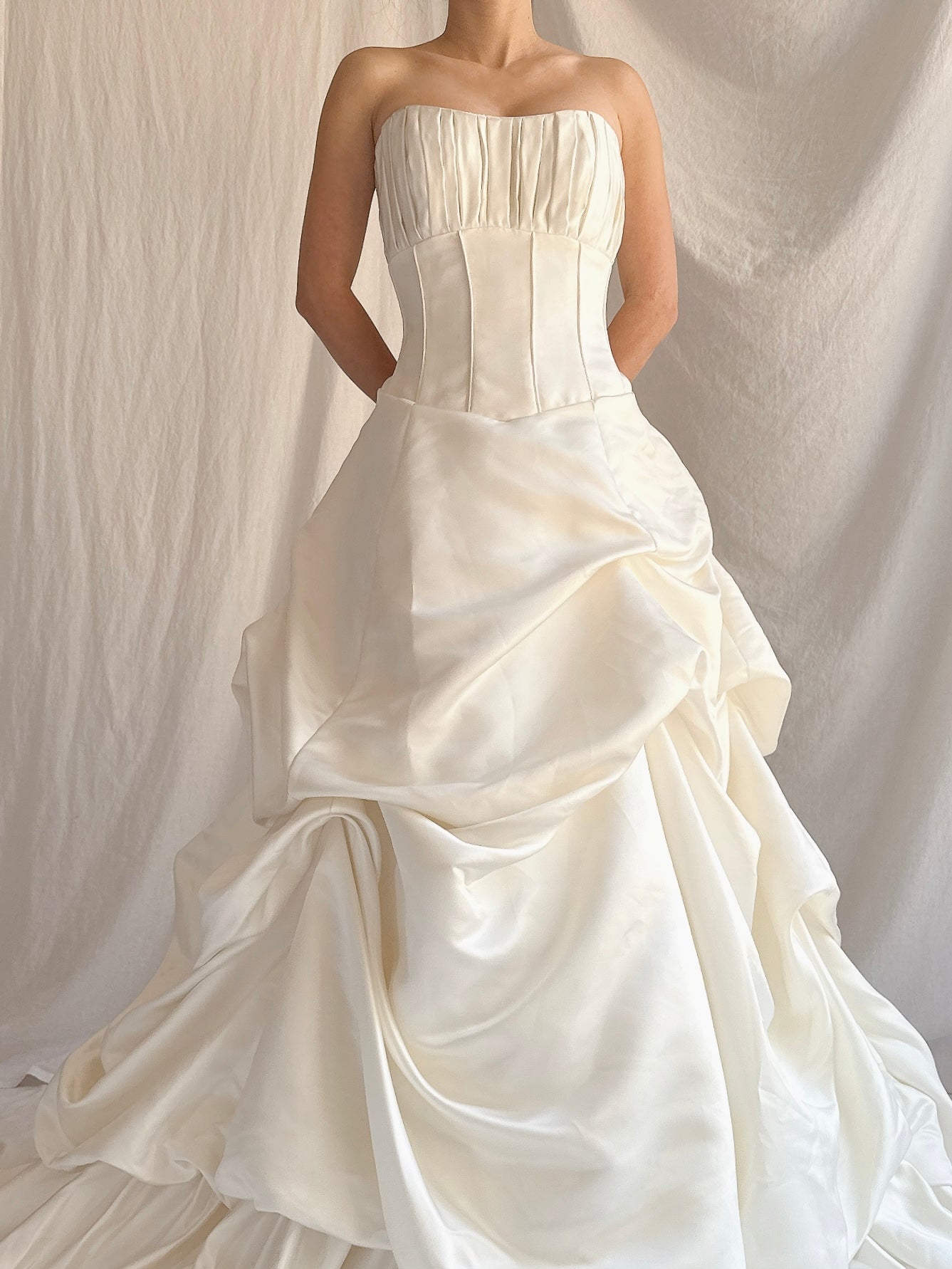 1990s Ivory Satin Ruche Gown - M/8