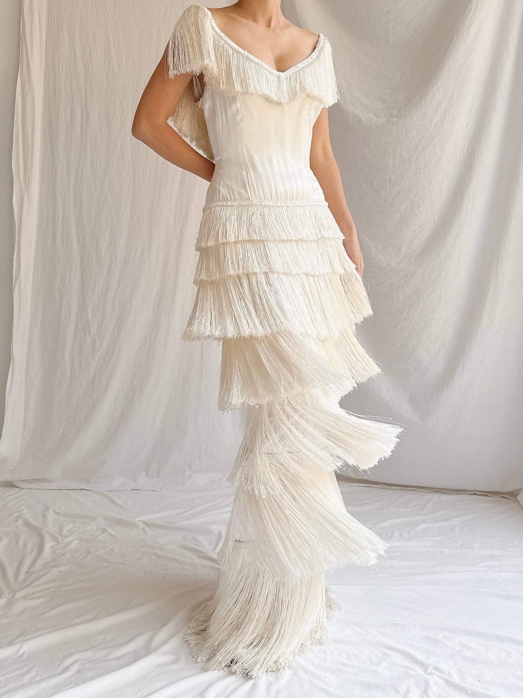 1960s Satin Silk Fringe Gown - S