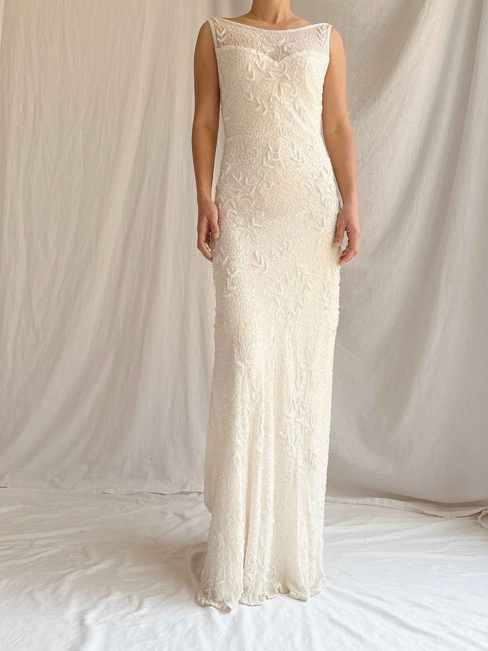 Vintage Ivory Silk Beaded Gown - S