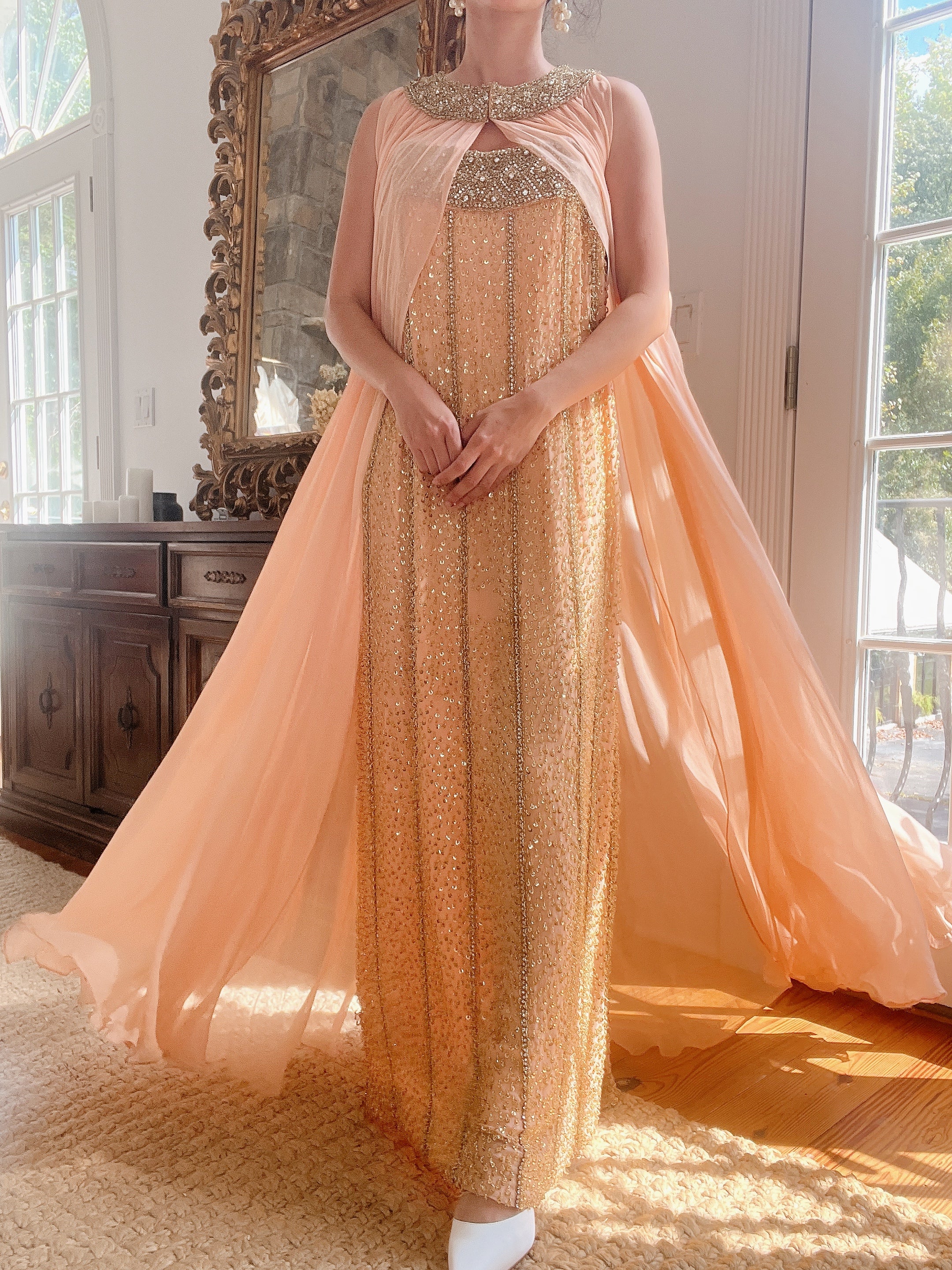 1960s Peach Beaded Gown & Cape - M/L