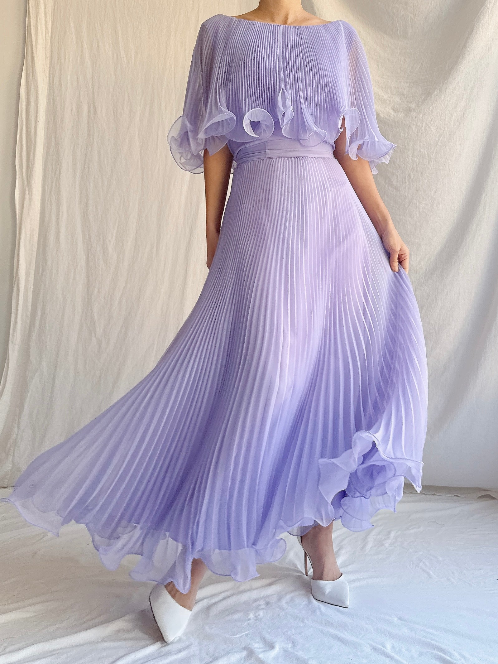 Vintage Pleated Chiffon Midi Dress - M