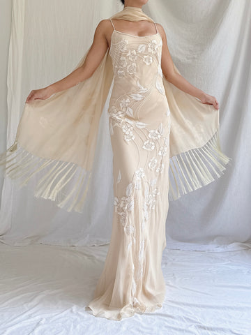 Vintage Silk Embroidered Gown with Shawl - S