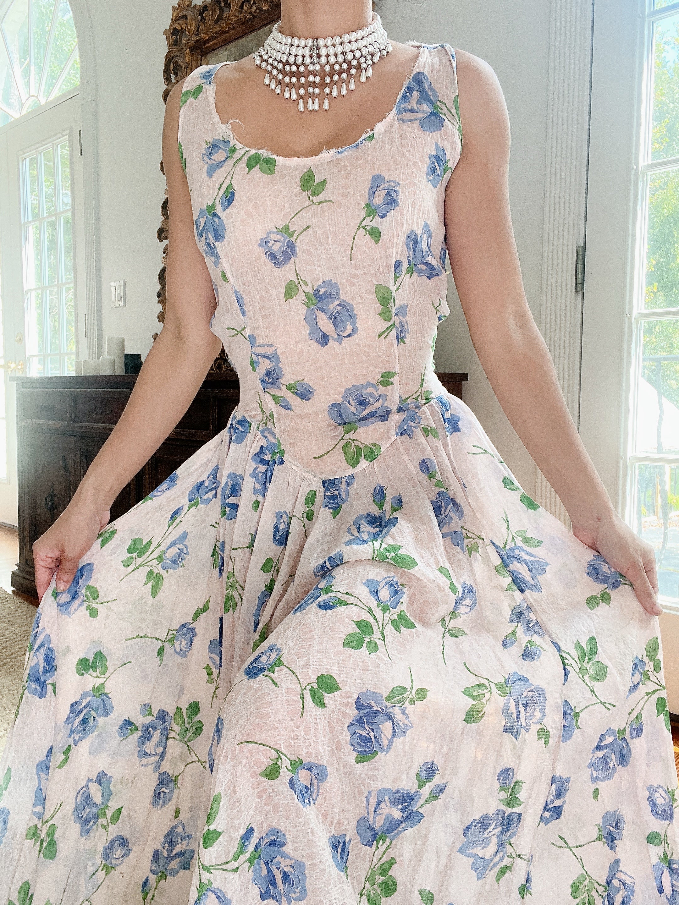 1940s Blue Floral Dress - M