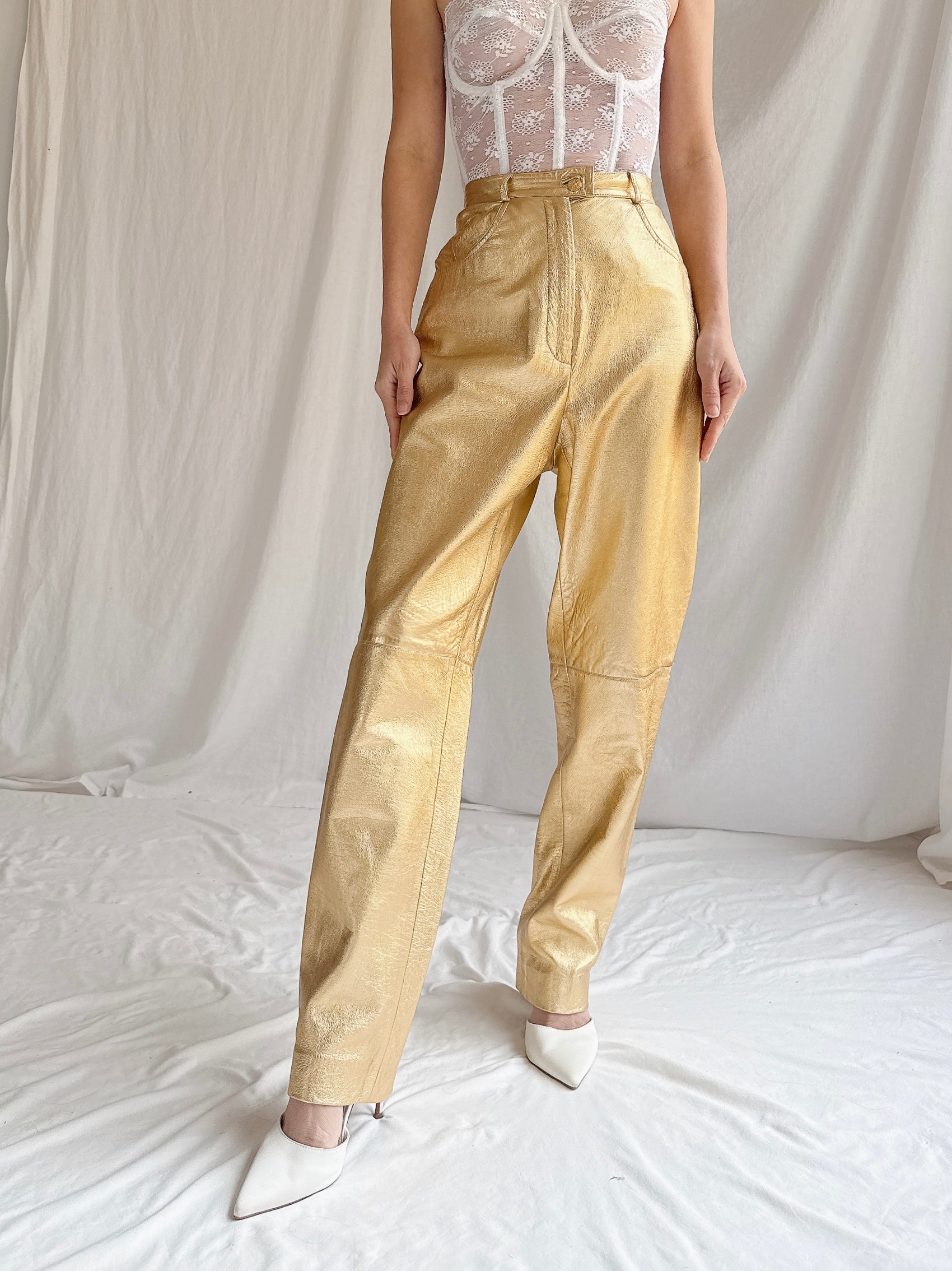 Vintage Salvatore Ferragamo Gold Leather Trousers - M