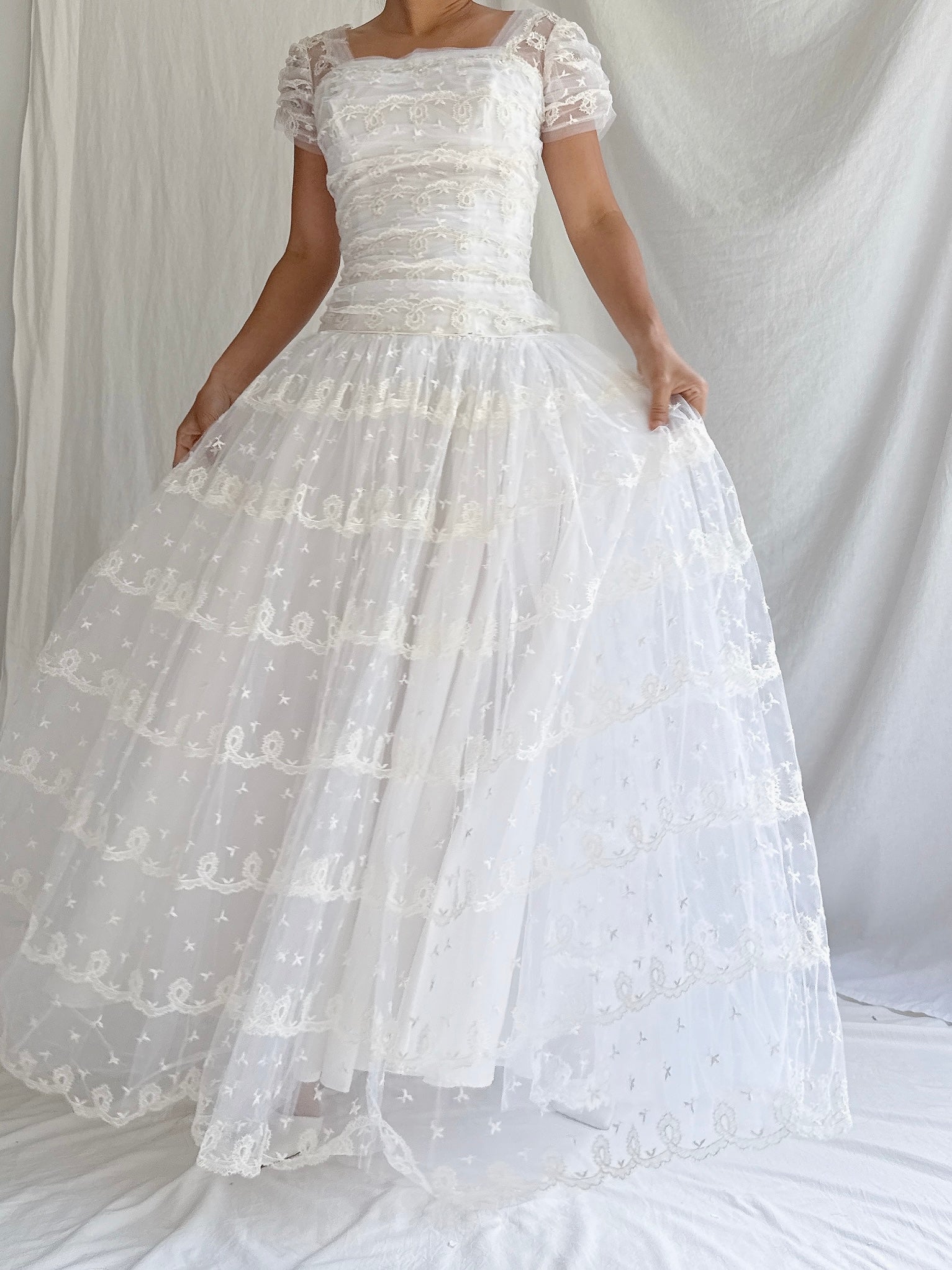 1950s Tulle Dropped Waist Embroidered Dress - S