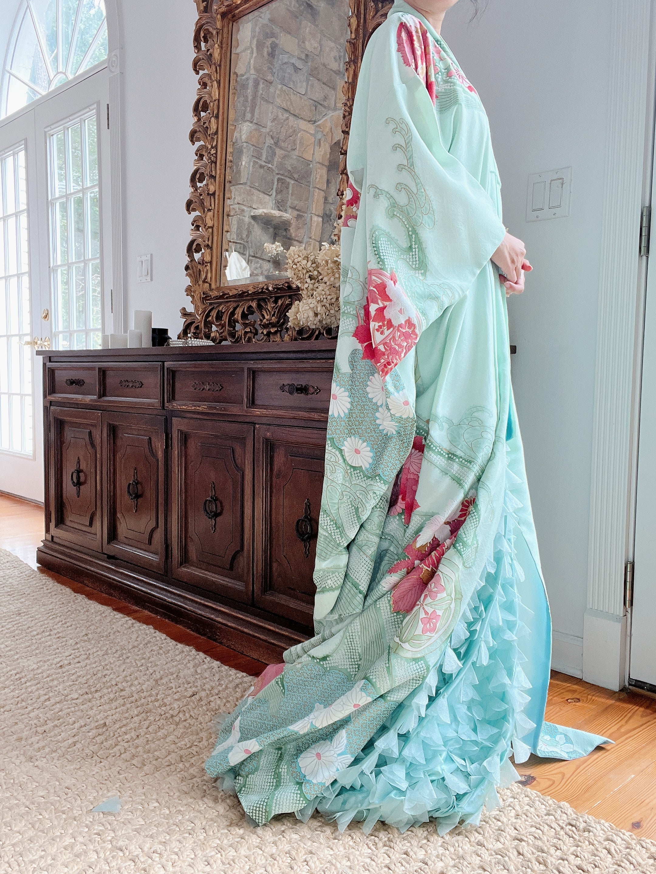 Vintage Silk Teal Abstract Kimono - OSFA