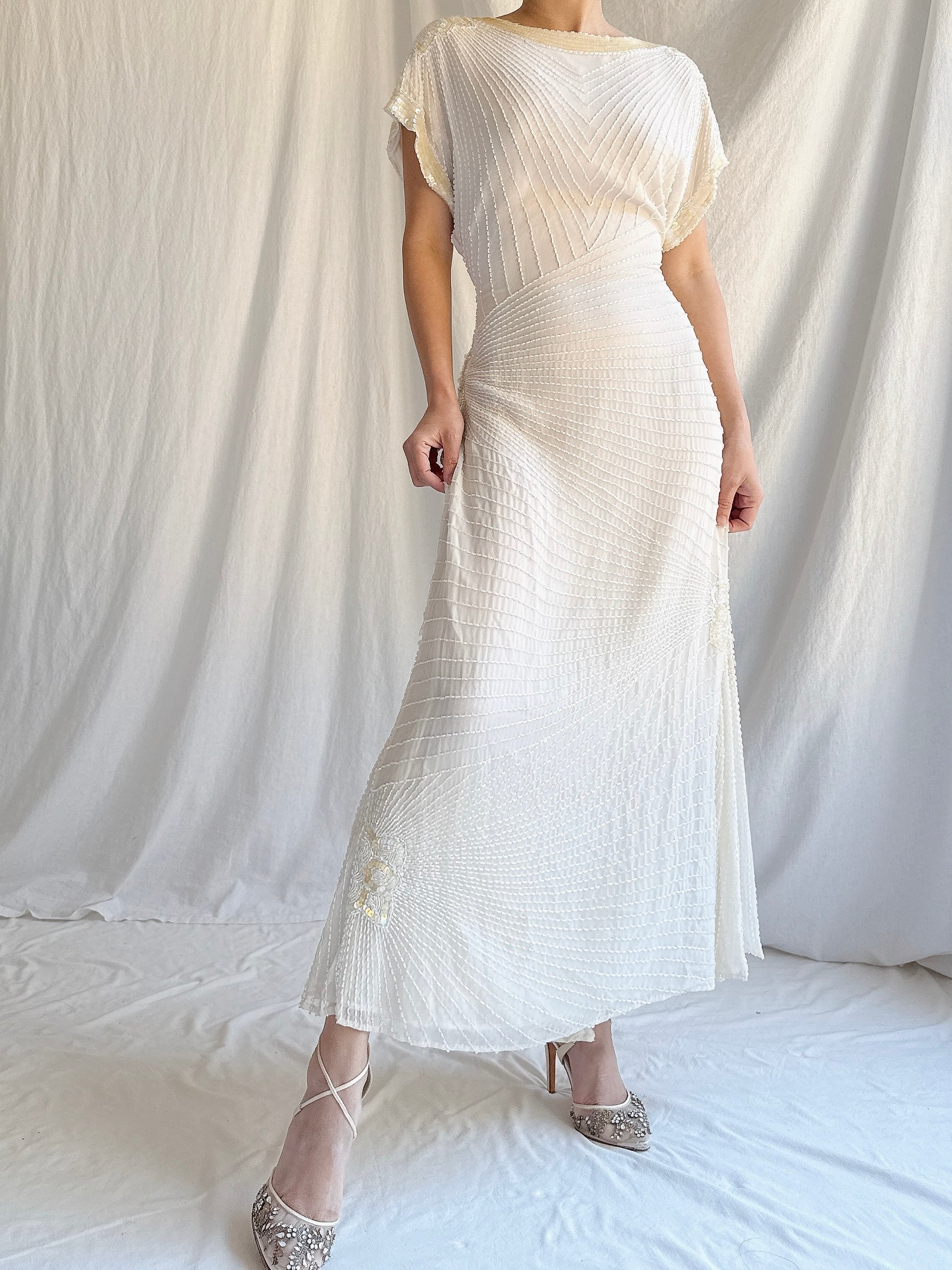 Vintage Silk Chiffon Beaded Dress - S