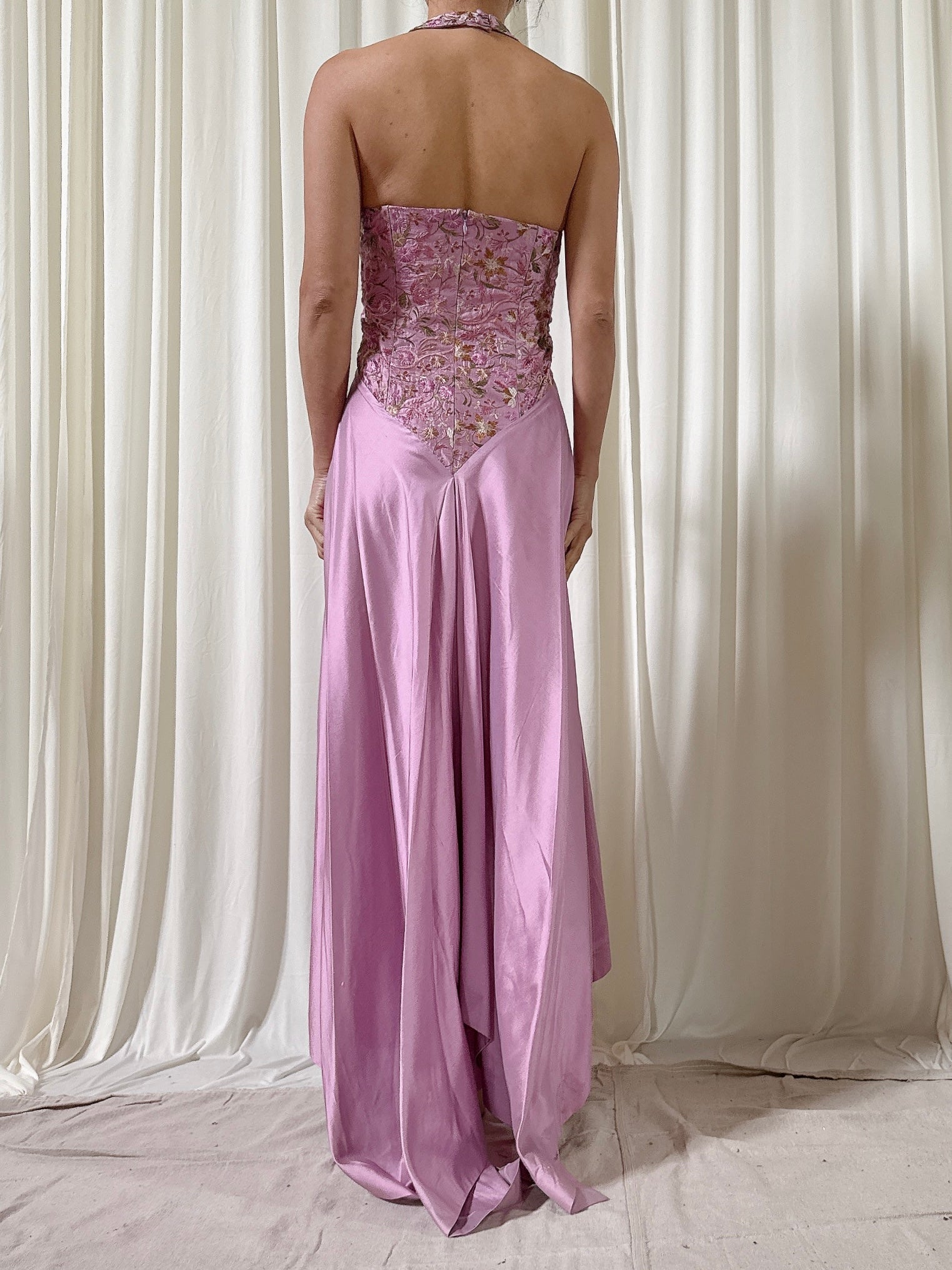Vintage Silk Lavender Embroidered Dress - Size 44