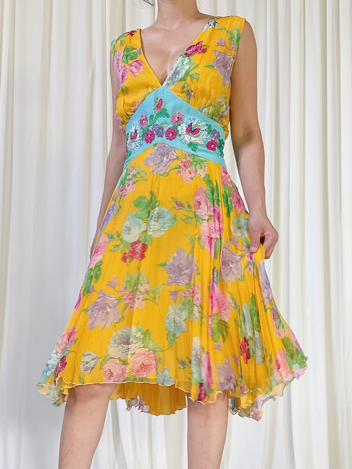 Vintage Yellow Floral Dress - M