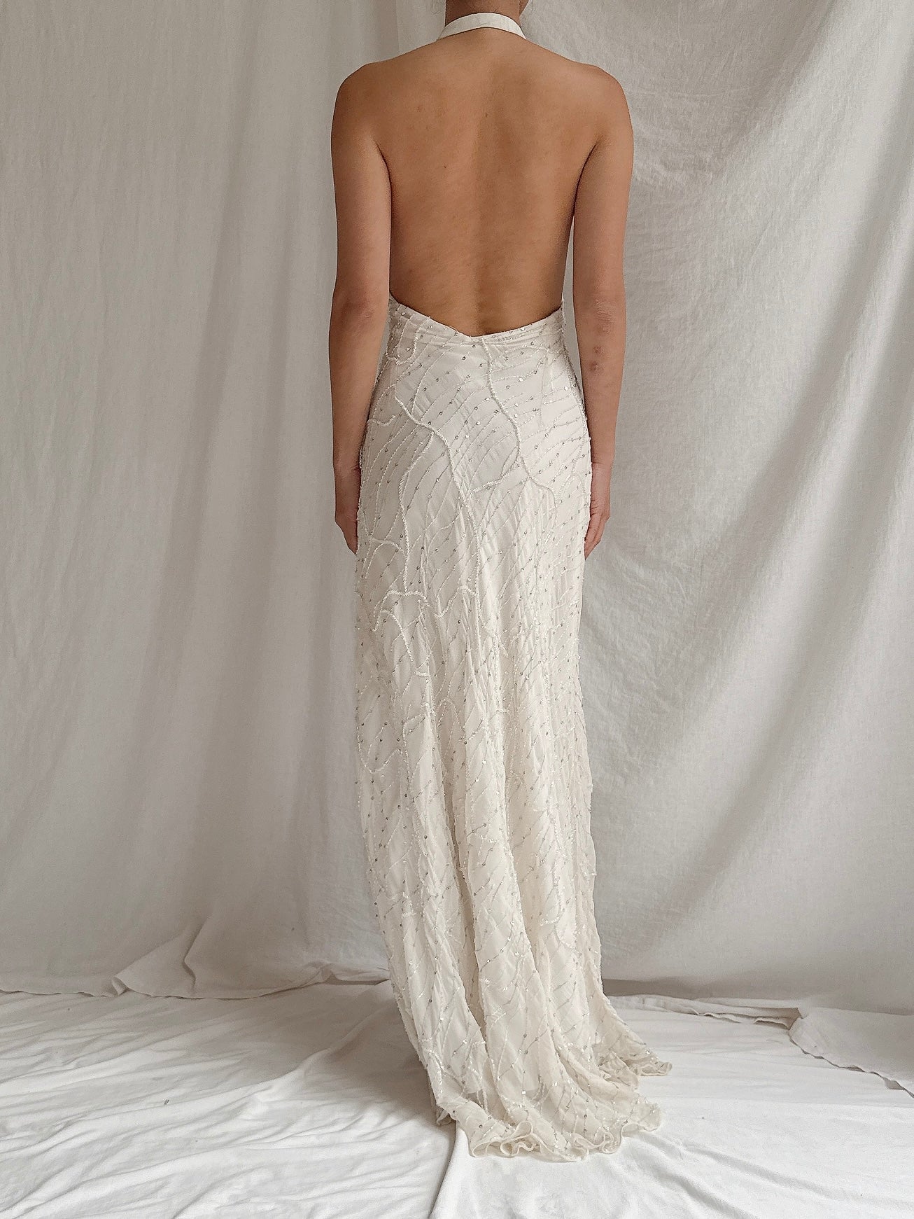 Vintage Silk Beaded Bias Halter Dress - M