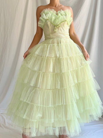 1950s Apple Green Tulle Dress - XS