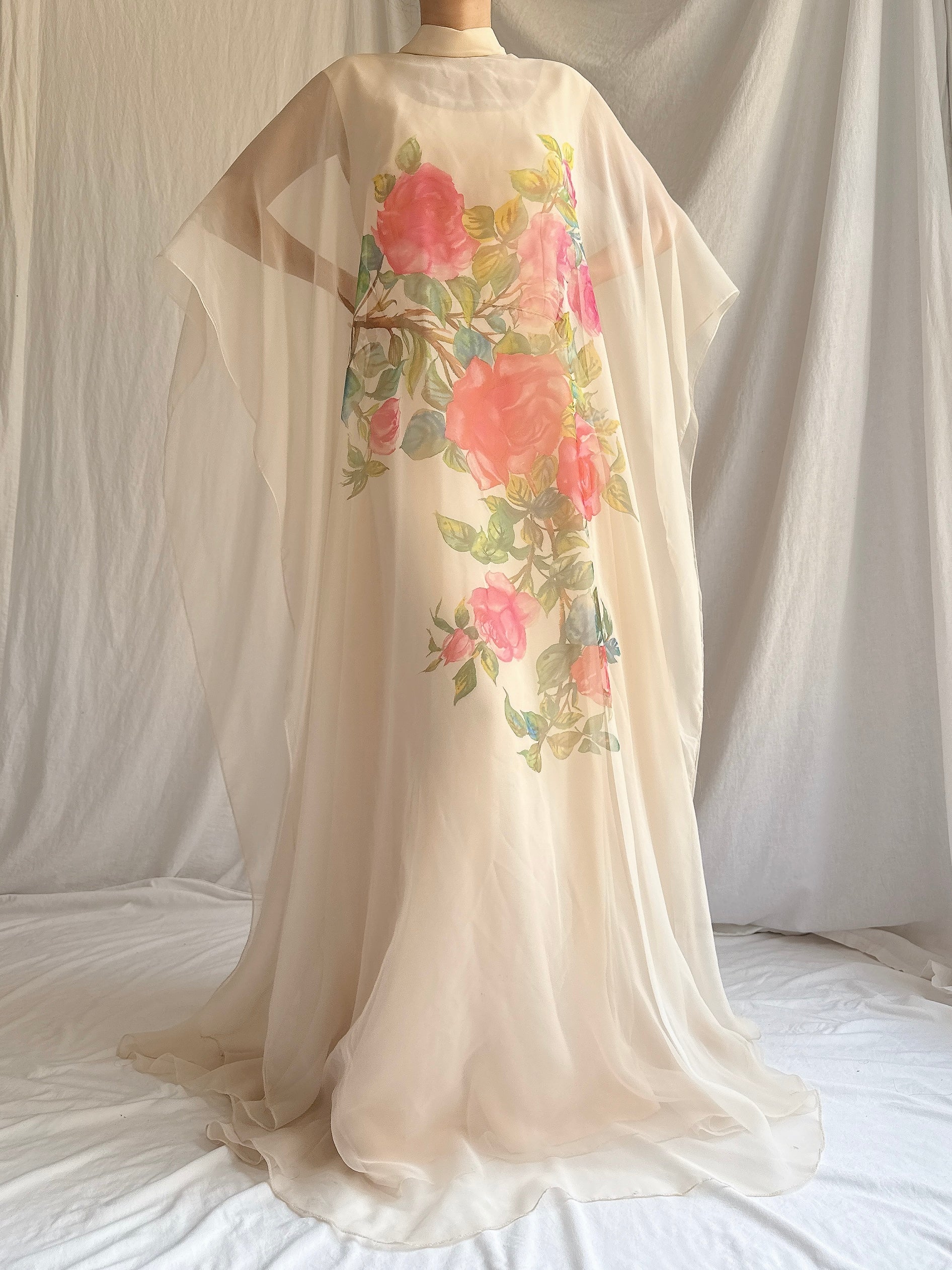 1960s Chiffon Rose Cape Dress - M