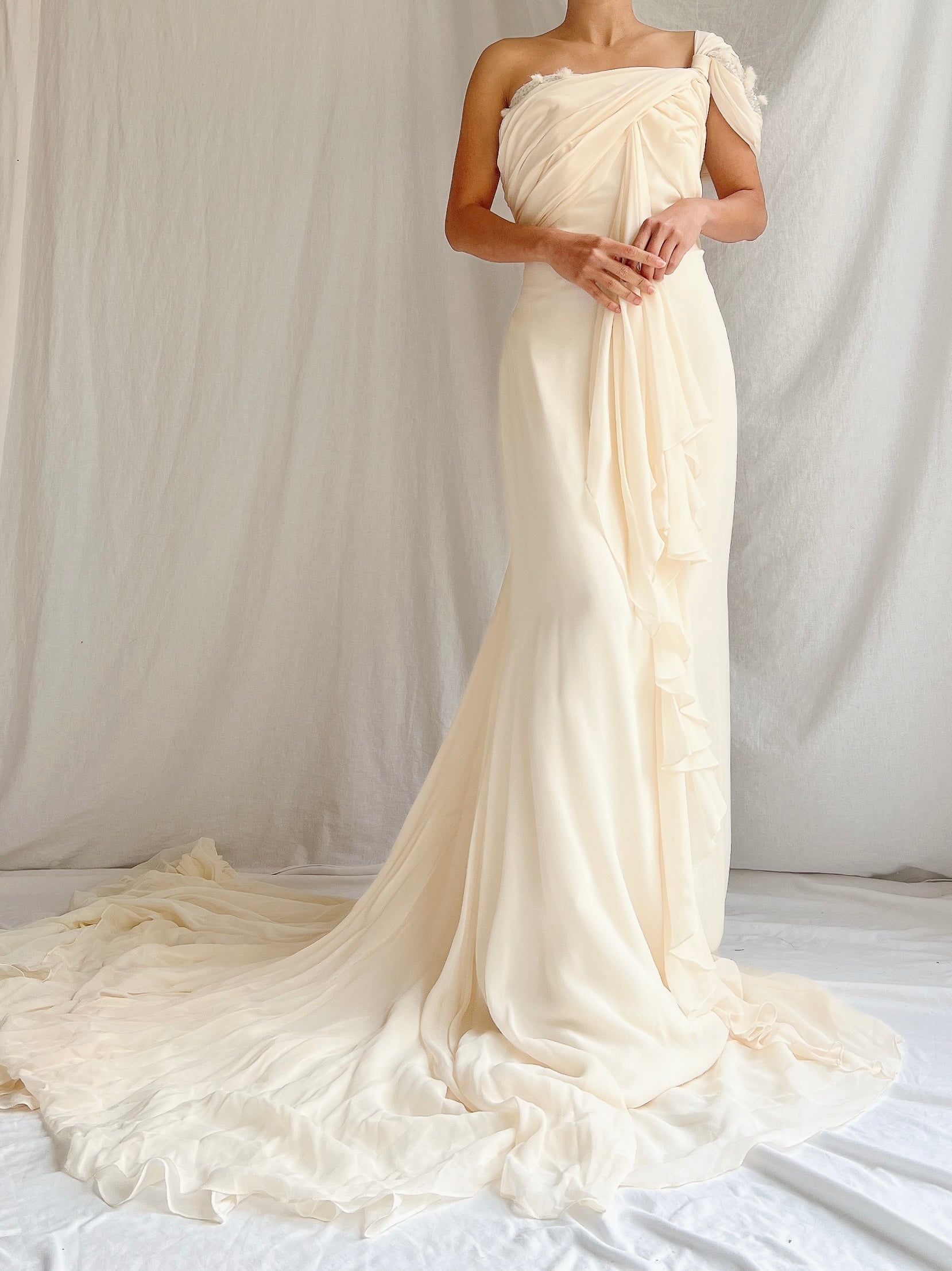 Vintage Silk One-Shoulder Gown - M