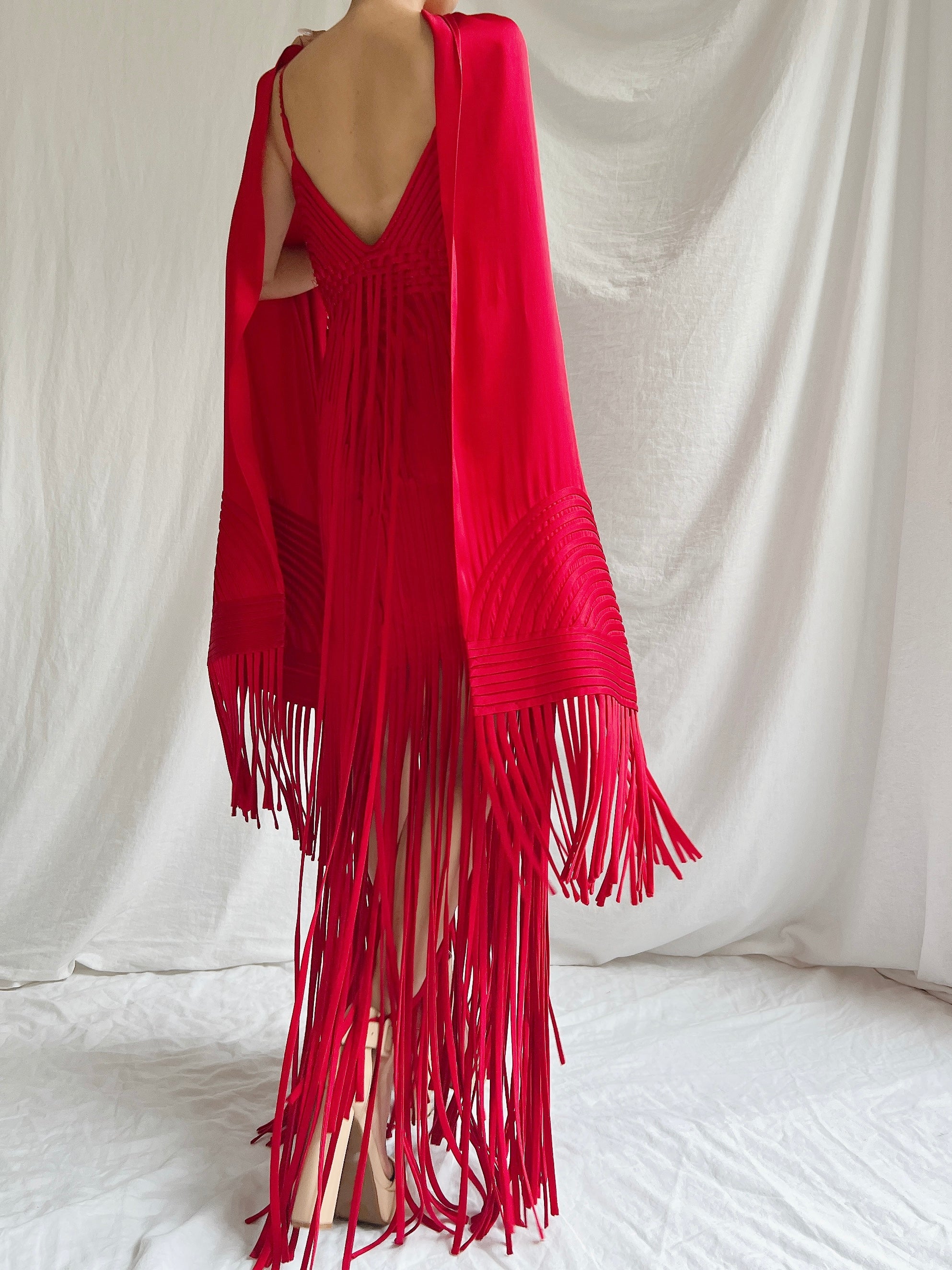 Vintage Sue Wong Silk Fringed Gown with Scarf - M