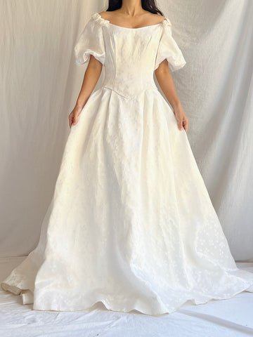 Vintage Brocade Satin Puff Sleeve Gown - XS/S