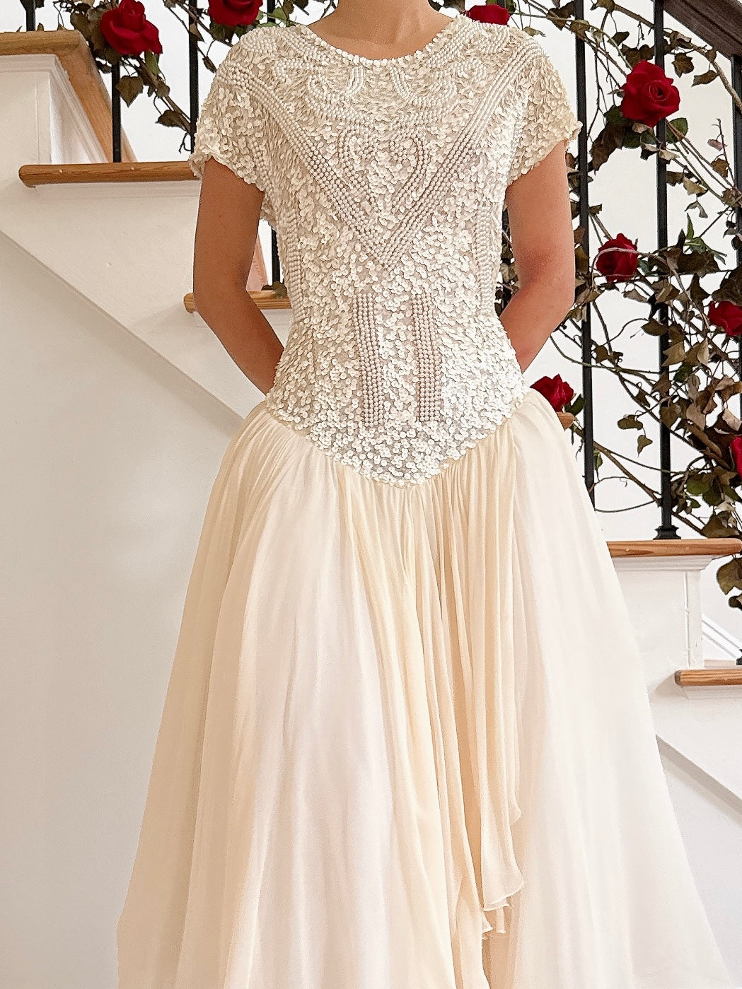1980s Silk Chiffon Beaded Dress - 36B/30W/49L