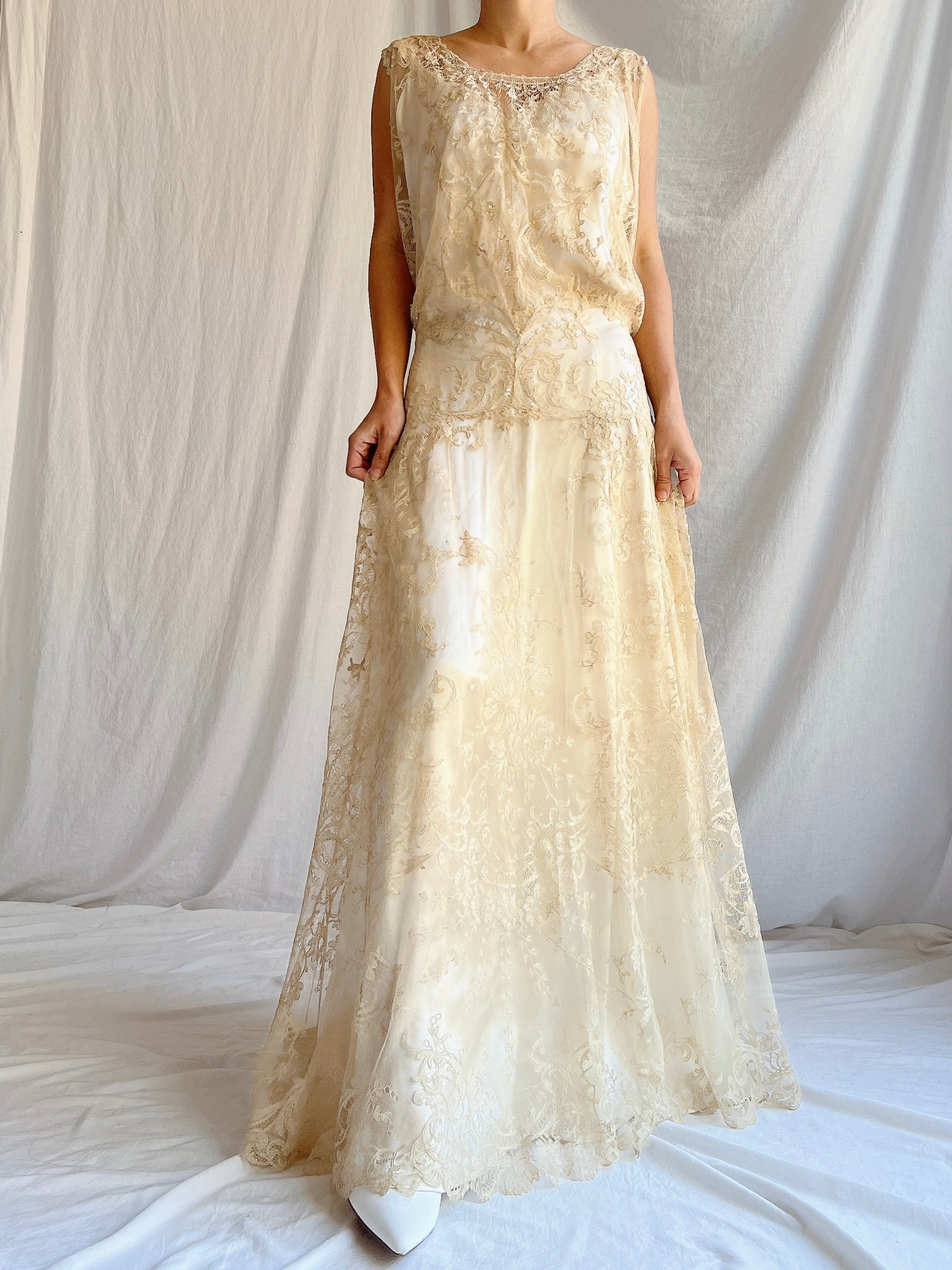 1930s Ecru Lace Gown with Slip - M