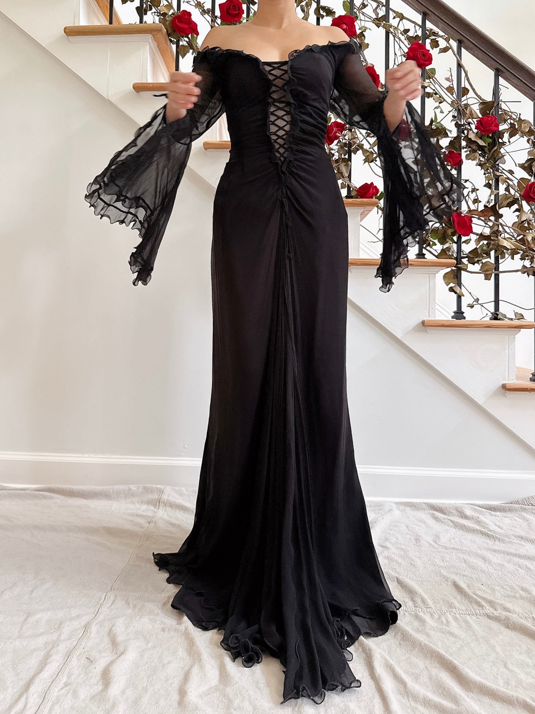 Vintage Belleville Sassoon Silk Angel Sleeve Gown - UK 16/36B/30W/42H/62L