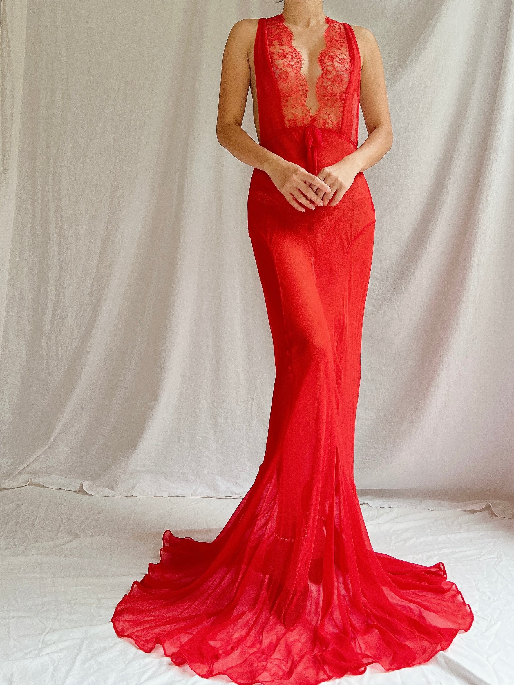 00s Red Silk Sheer Slip Gown - M/L